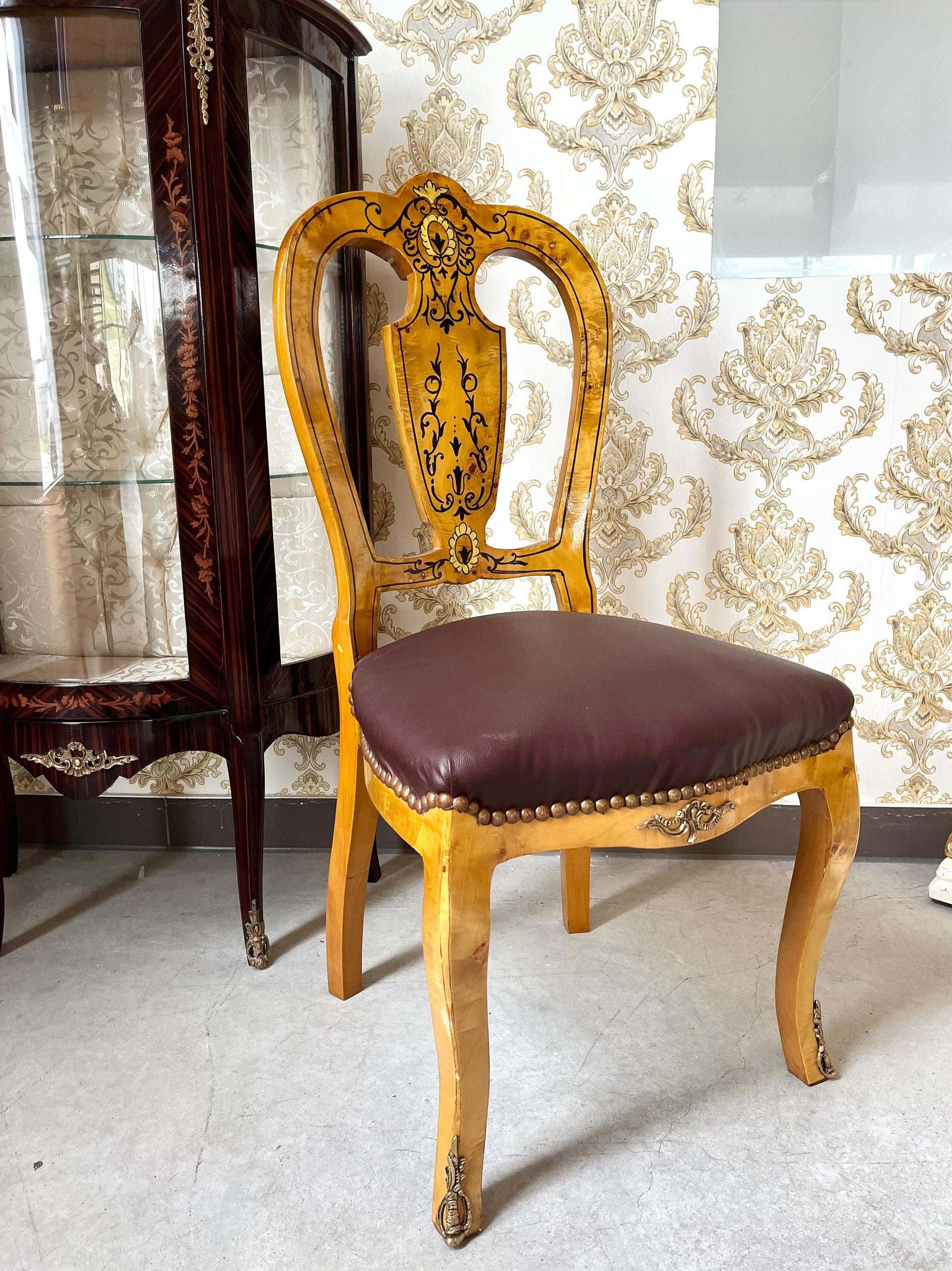 Dining Chair Retro Baroque Style Home Decor Chair in Yellow Frame & Brown Seat Italian Antique Style