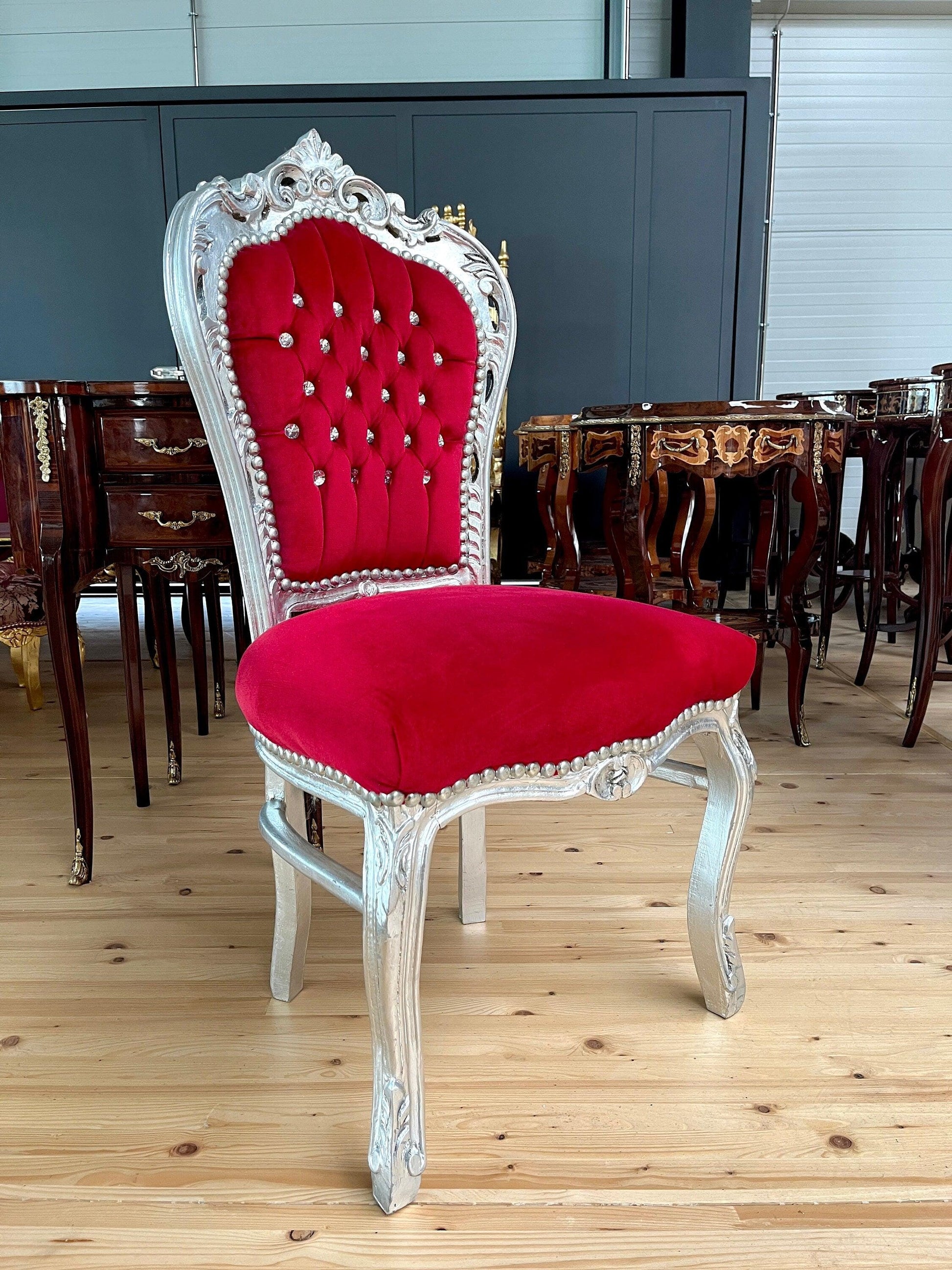 French Baroque, Rococo, Barock Essensstuhl, Antique Style Chair- Silver Red