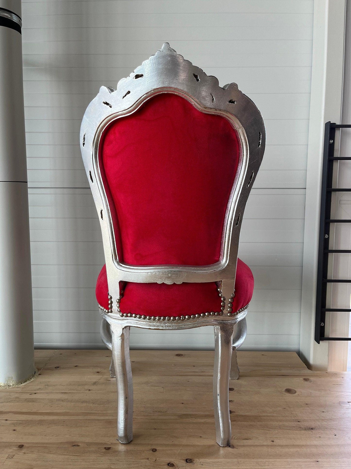 French Baroque, Rococo, Barock Essensstuhl, Antique Style Chair- Silver Red