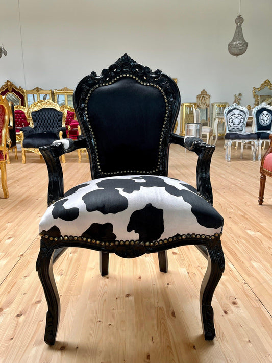 Armchair Louis XV Black Velvet Chair French Baroque Armchair in Animal Print For Lounge Room Chair Dairy Cow Print Black Armchair Home Decor