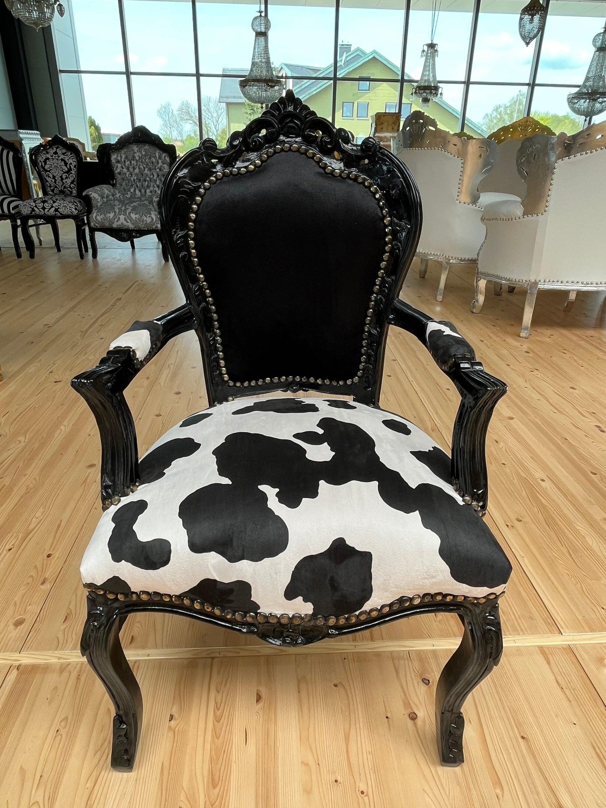 Armchair Louis XV Black Velvet Chair French Baroque Armchair in Animal Print For Lounge Room Chair Dairy Cow Print Black Armchair Home Decor