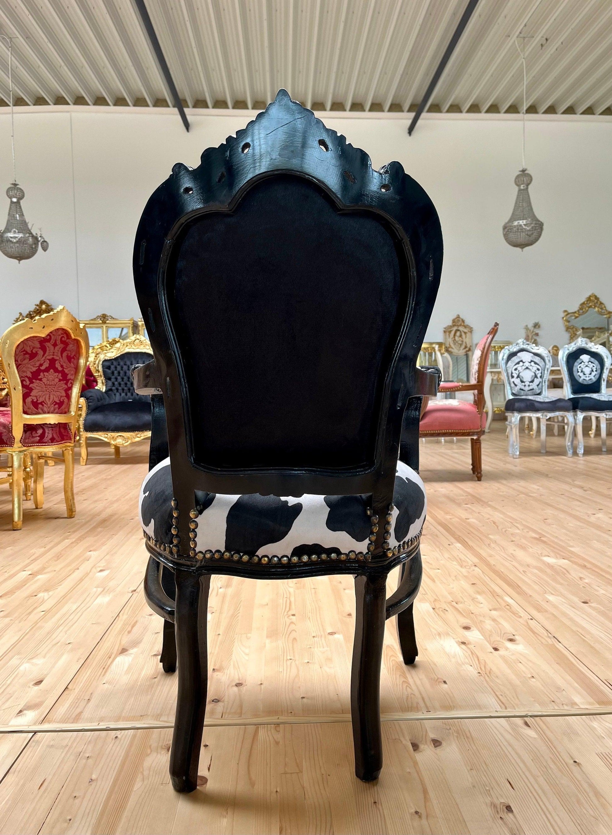Armchair Louis XV Black Velvet Chair French Baroque Armchair in Animal Print For Lounge Room Chair Dairy Cow Print Black Armchair Home Decor