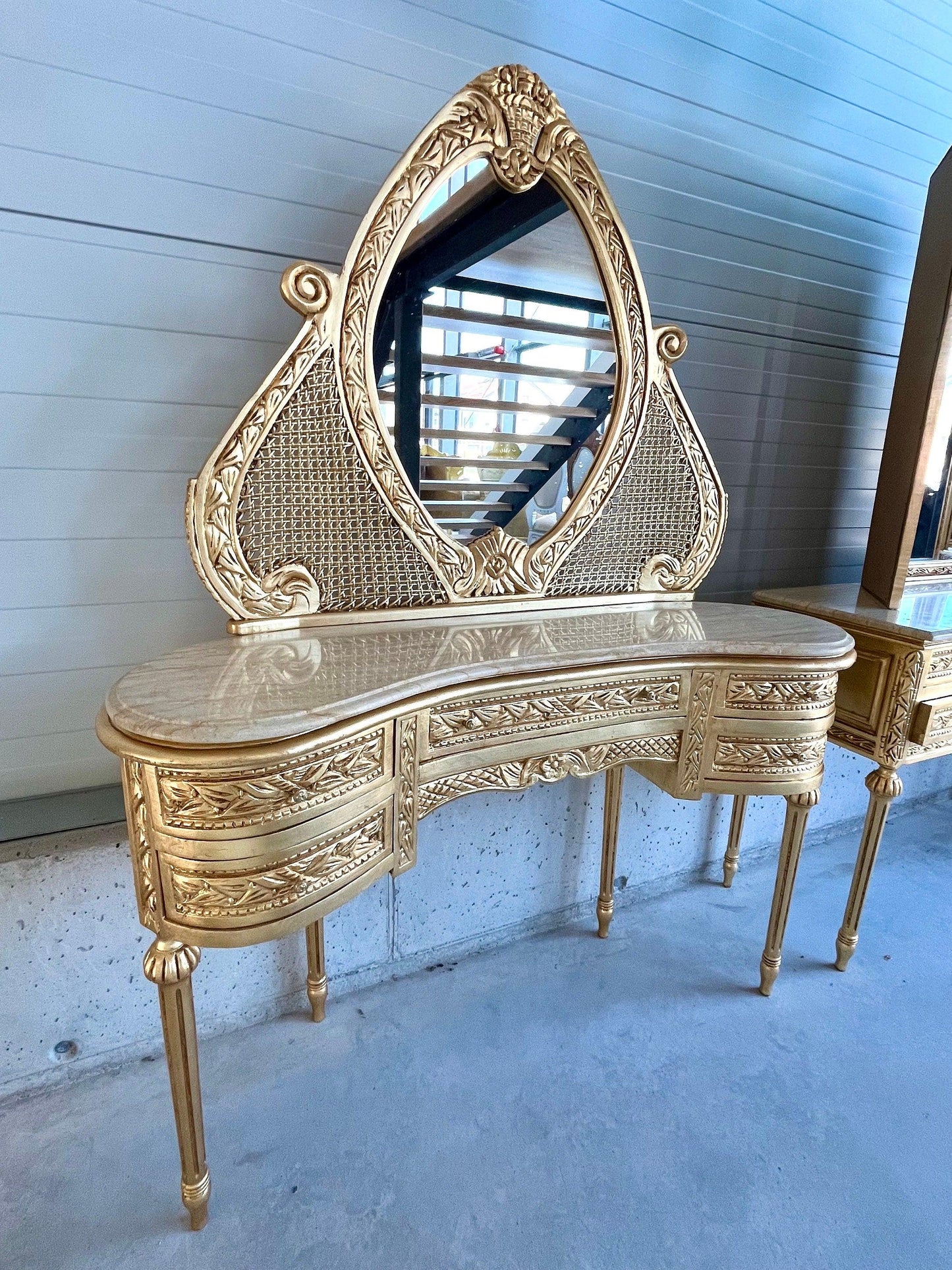 Mirror and Desk Set French Antique Style with Marble Slab Top Wooden Table Baroque Rococo Style in Gold Finish for Home Decor