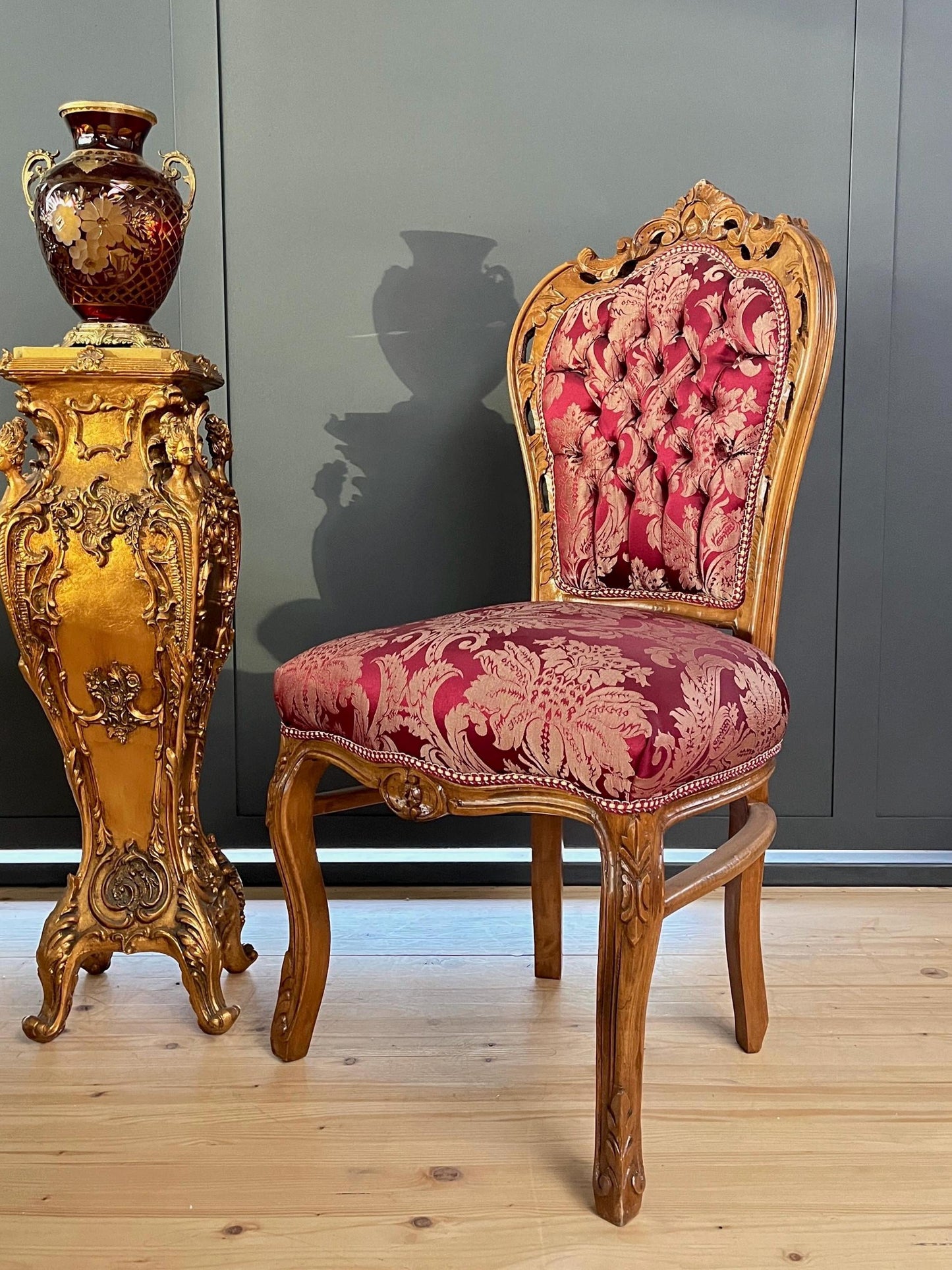 Accent Chair French Louis XV Baroque Style Dining Chair Handmade Antique Style Chair in Red Flower Pattern for Dining Room Chair Home Decor