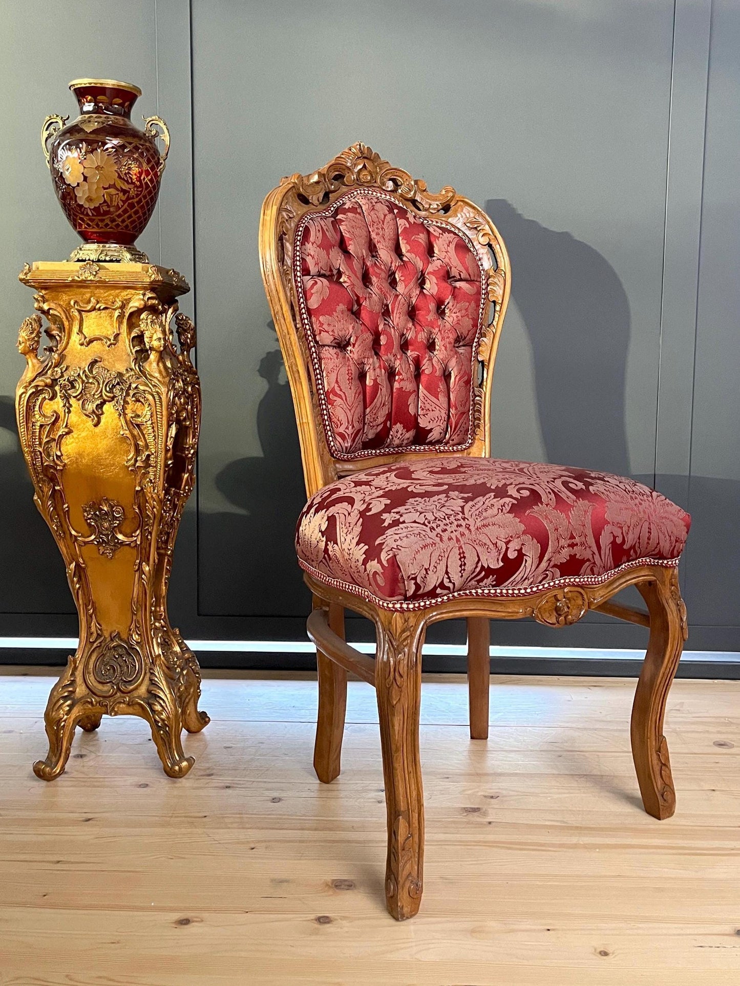 Accent Chair French Louis XV Baroque Style Dining Chair Handmade Antique Style Chair in Red Flower Pattern for Dining Room Chair Home Decor