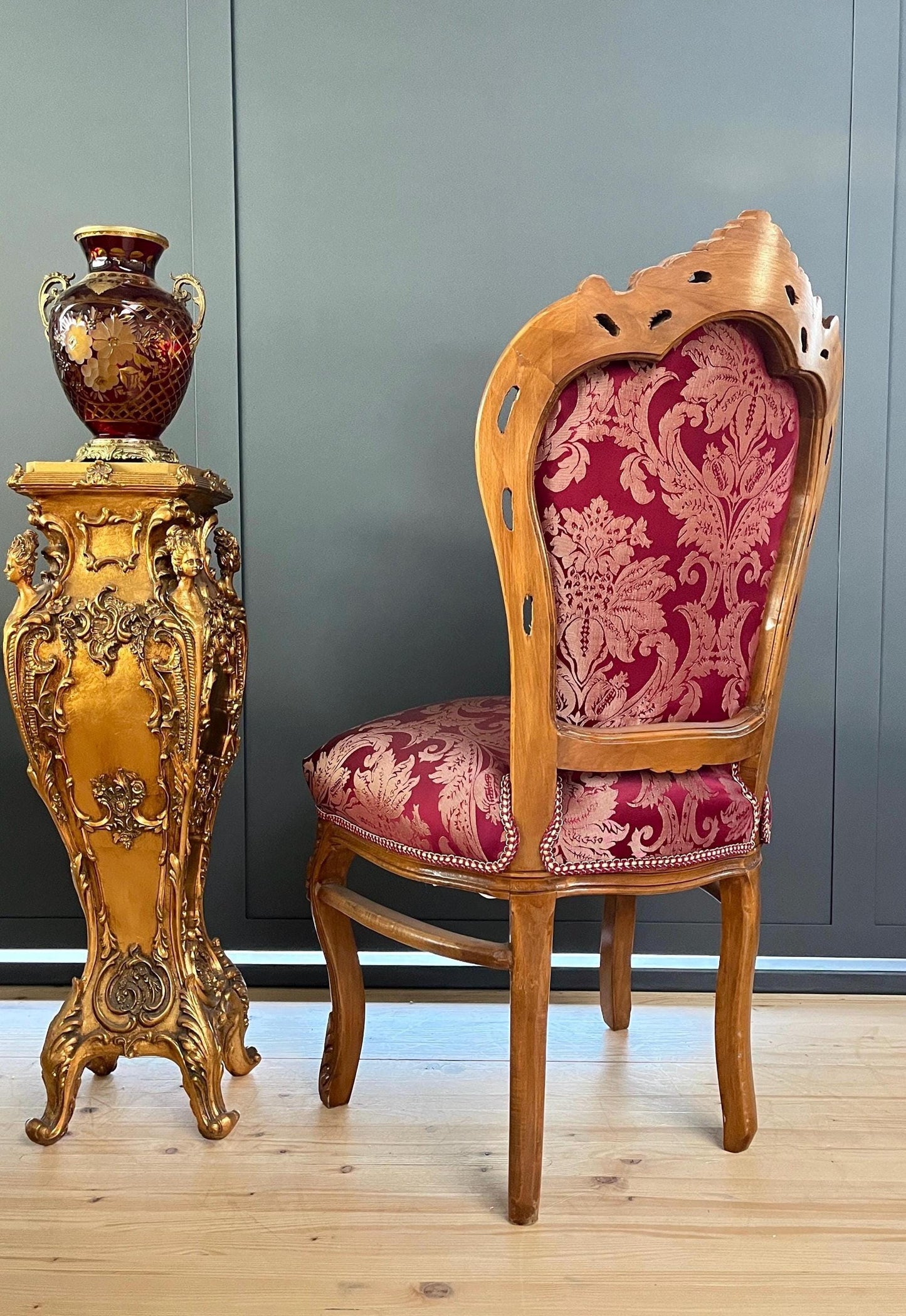 Accent Chair French Louis XV Baroque Style Dining Chair Handmade Antique Style Chair in Red Flower Pattern for Dining Room Chair Home Decor