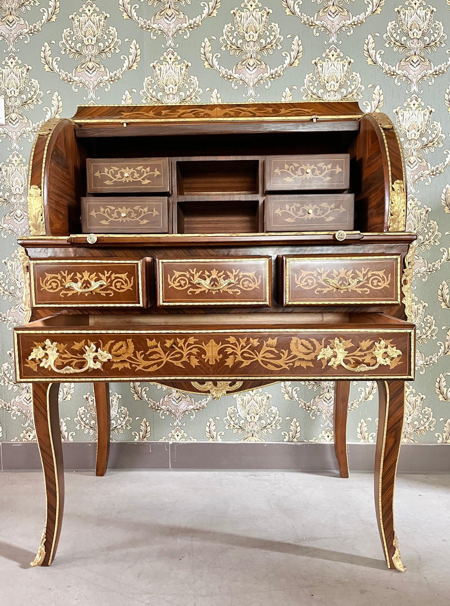 Secretary Desk Nostalgic Antique Style Wooden Brown Table & Shelf with A Extended Writing Board for Deluxe Home Décor - LIMITED