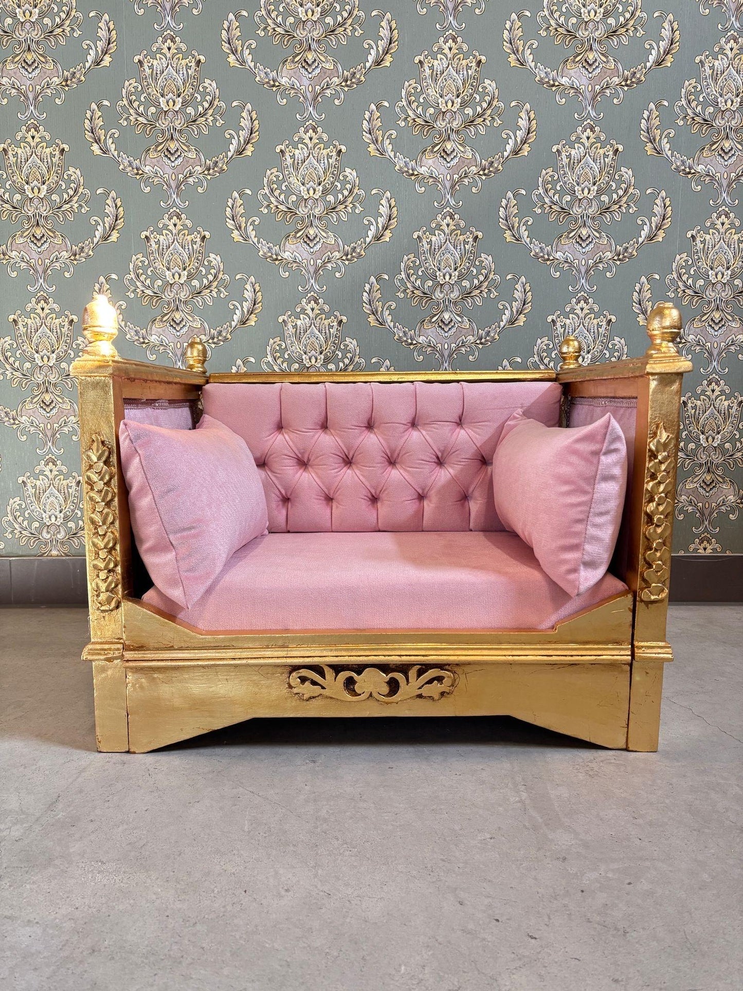 Pet Sofa French Baroque Style Cute Dog Couch Handmade in Pink Velvet Gold Finish for Small Pet for Pet Lover