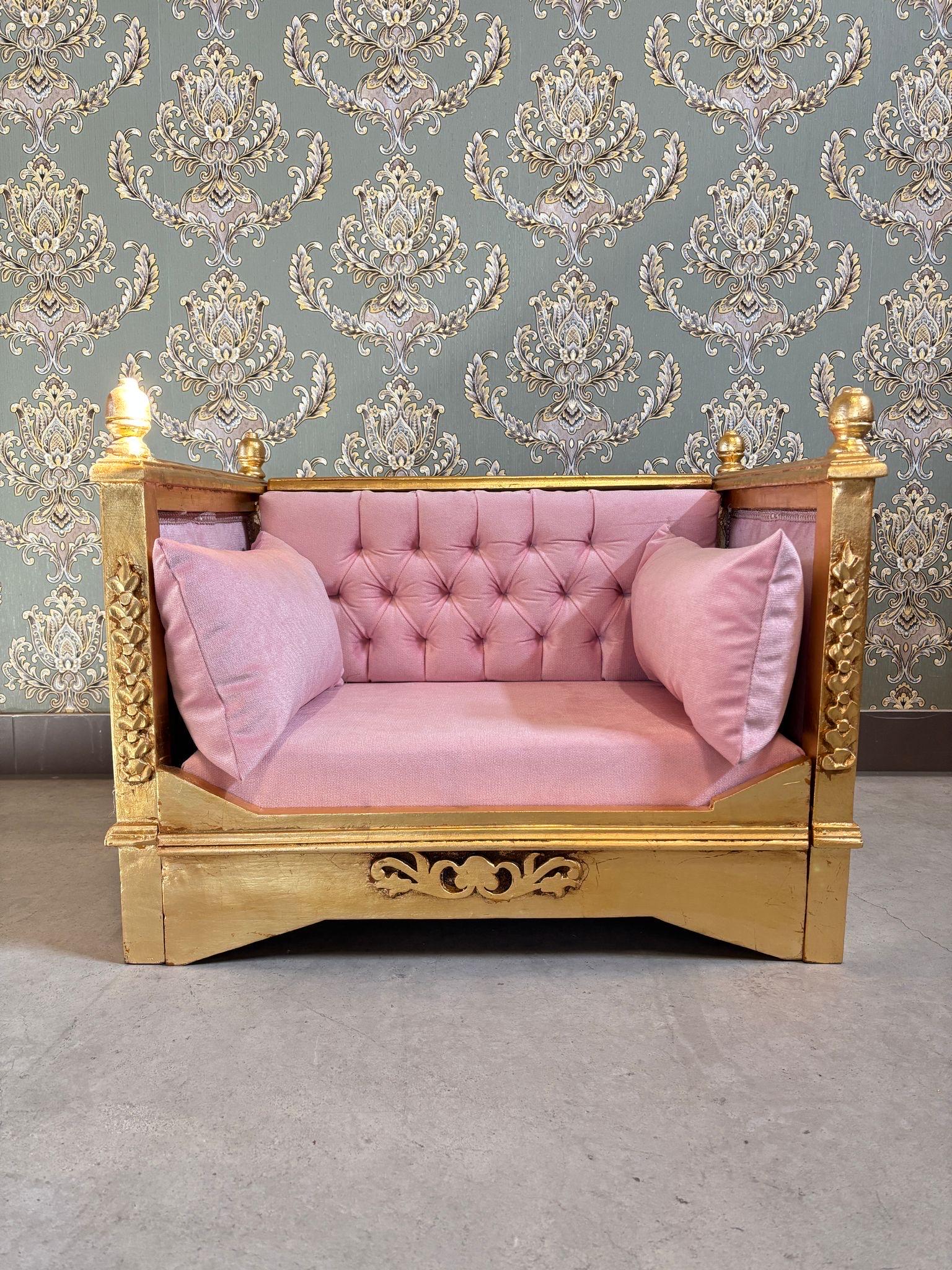 Pet Sofa French Baroque Style Cute Dog Couch Handmade in Pink Velvet Gold Finish for Small Pet for Pet Lover