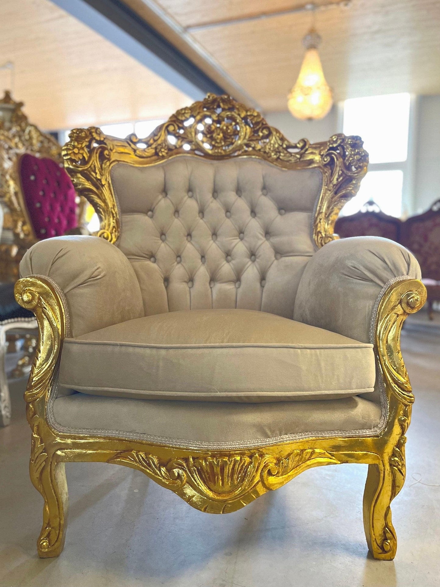 Sofa Set French Louis XV Style Tufted Velvet Beige Color in Gold Finish Marble Top Coffee Table Retro Baroque Style Sofa Set