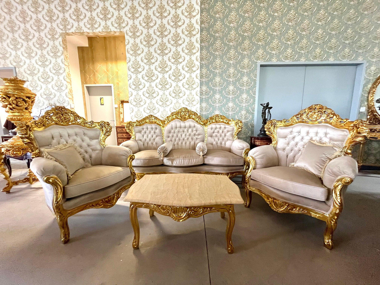 Sofa Set French Louis XV Style Tufted Velvet Beige Color in Gold Finish Marble Top Coffee Table Retro Baroque Style Sofa Set