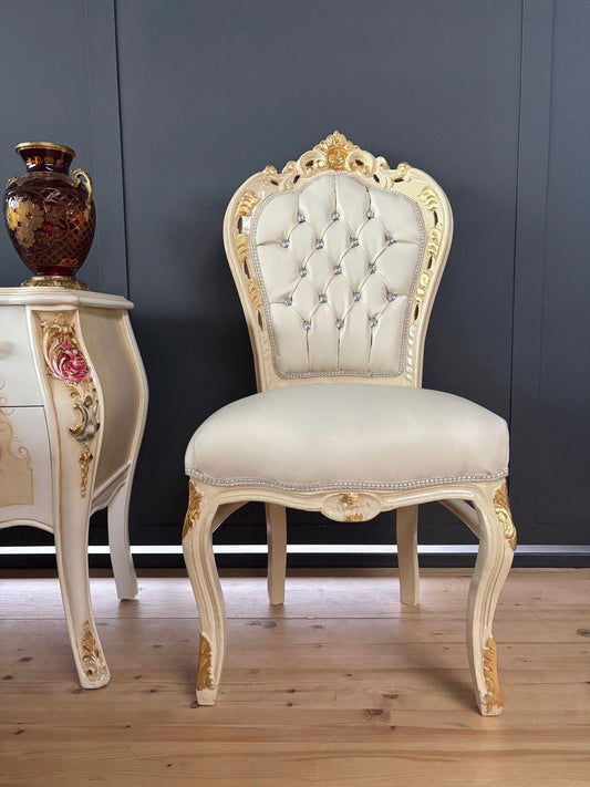 Accent Chair French Louis XV Style Dining Chair in Solid Wood Retro Baroque Antique Style Reproduction in Ivory Faux Leather for Home Decor