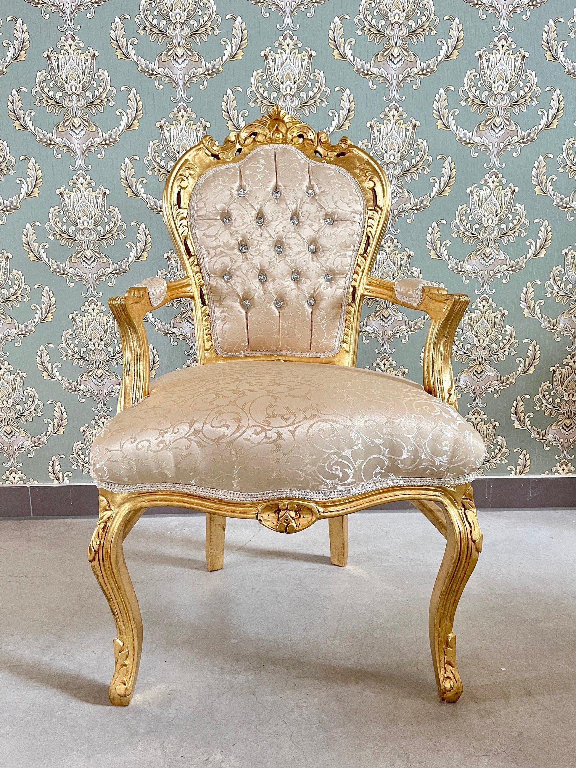 Accent Armchair Beige Color Damask French Louis XV Style Chair in Gold Finish Retro Baroque Rococo Handmade Chair For Xmas Gift Home Decor