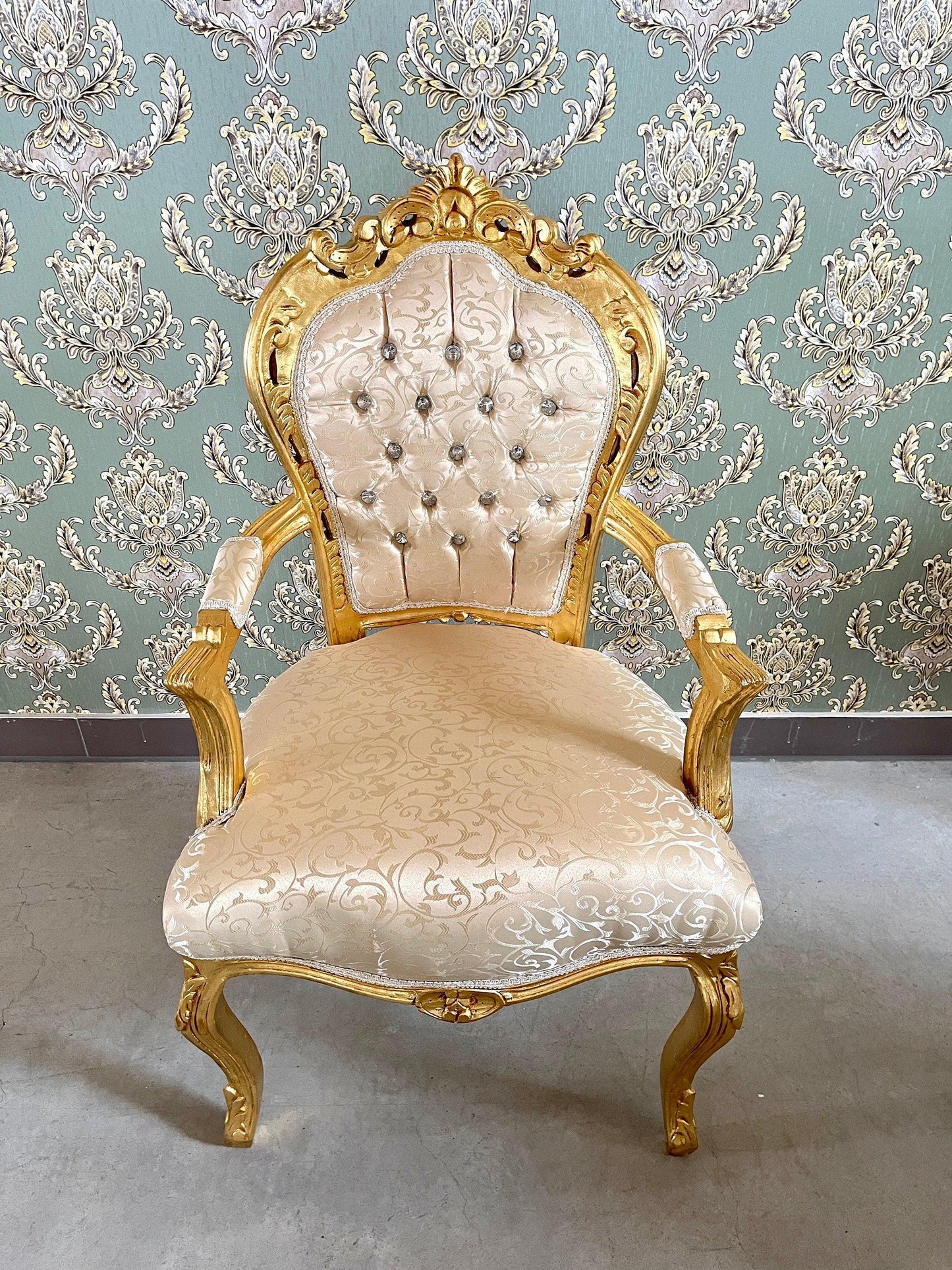 Accent Armchair Beige Color Damask French Louis XV Style Chair in Gold Finish Retro Baroque Rococo Handmade Chair For Xmas Gift Home Decor