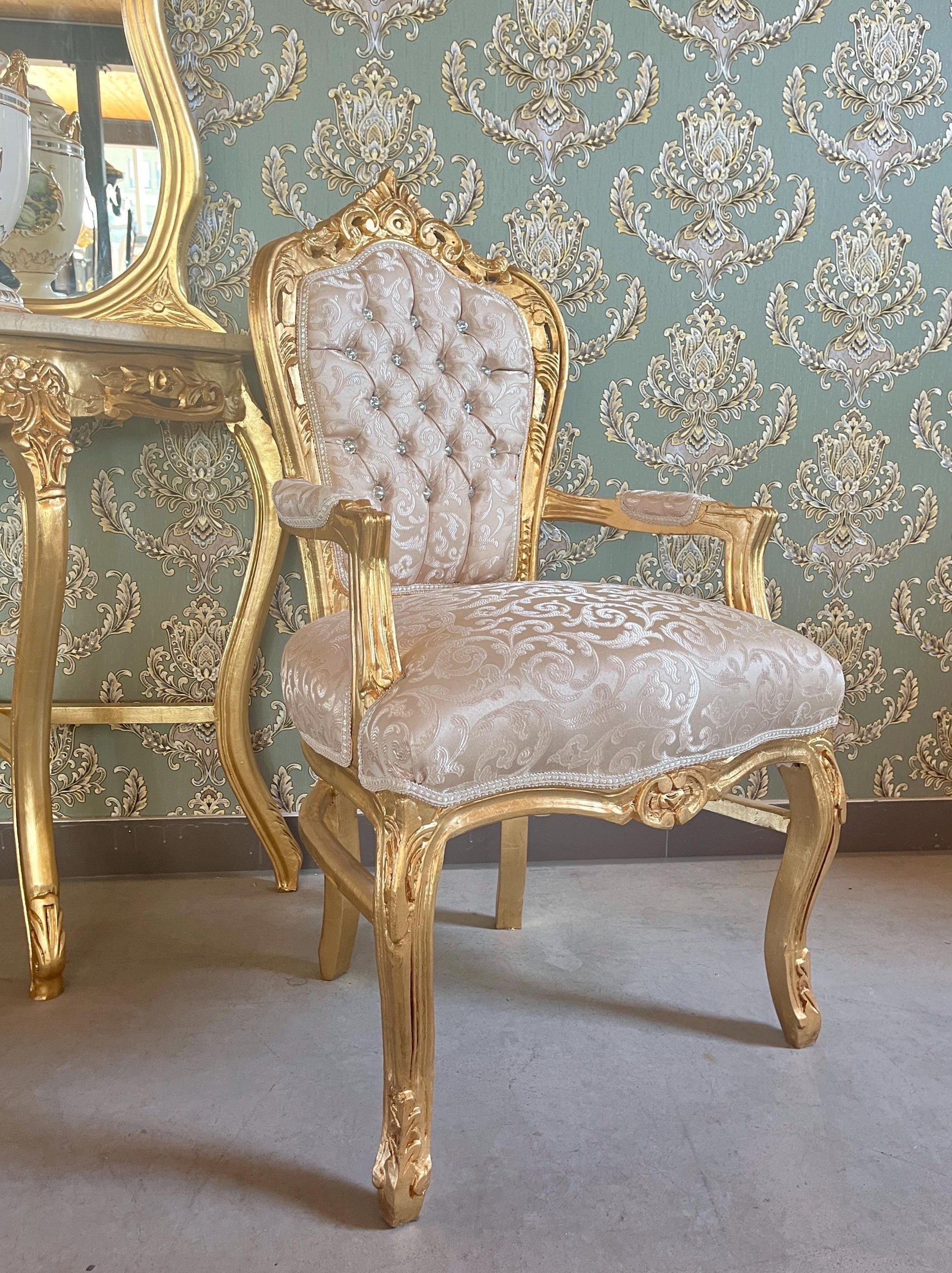 Accent Armchair Beige Color Damask French Louis XV Style Chair in Gold Finish Retro Baroque Rococo Handmade Chair For Xmas Gift Home Decor
