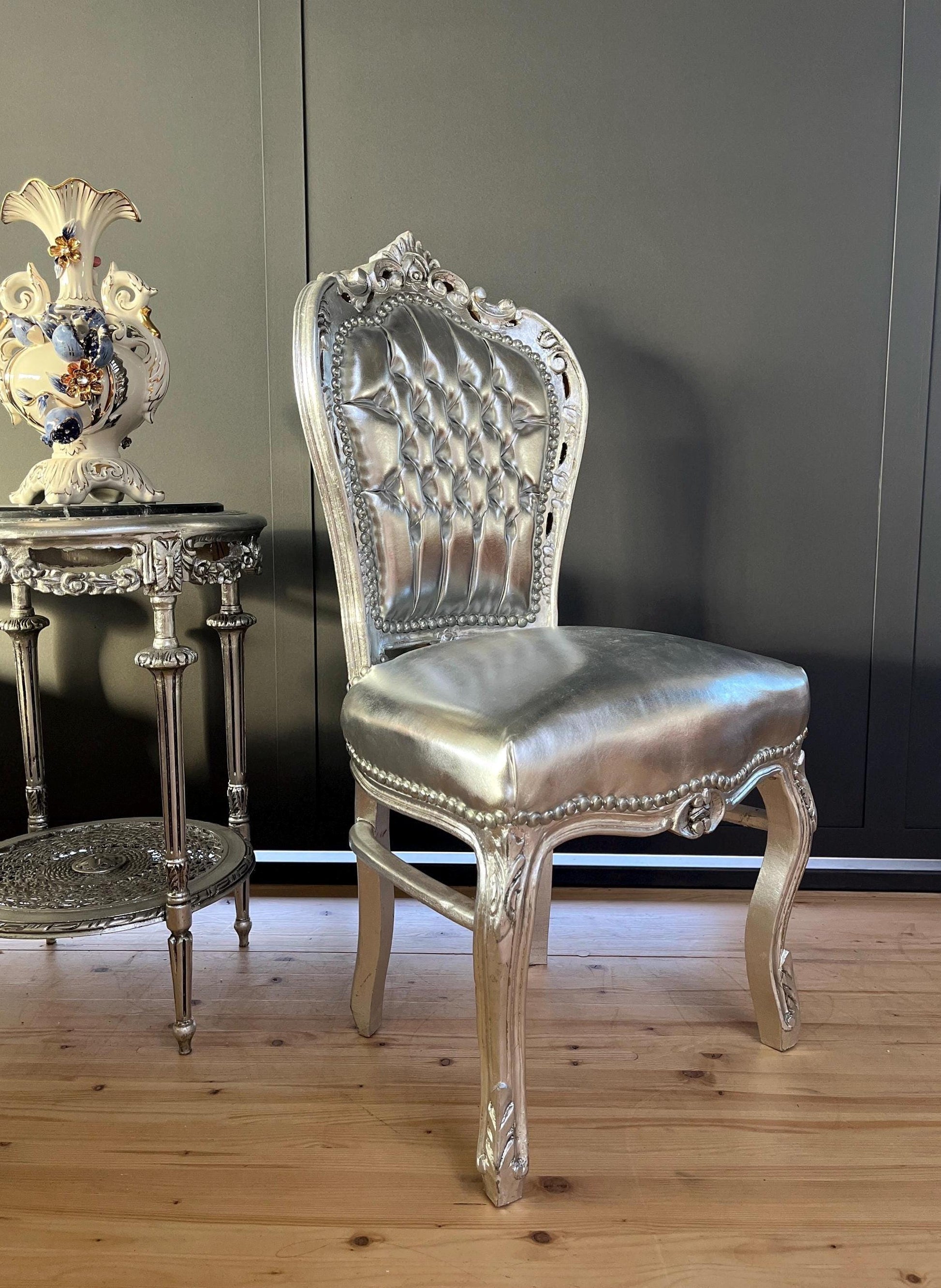 Accent Chair French Louis Style Dining Chair in Silver Finish Antique Style Chair Baroque Rococo Style Chair in Silver