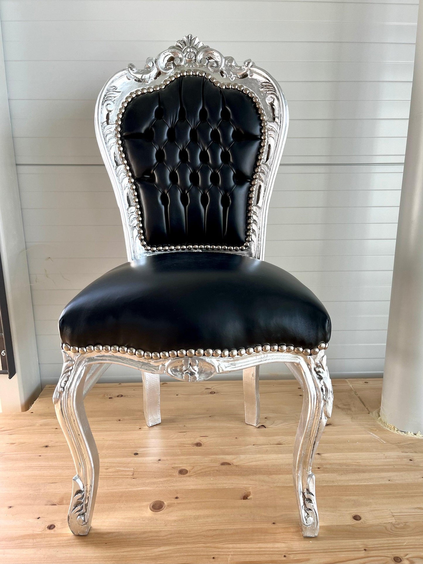 Accent Chair Black Leather Like Silver Finish French Baroque Rococo Style Chair Antique Style Reproduction Dining Chair Black Color for Home
