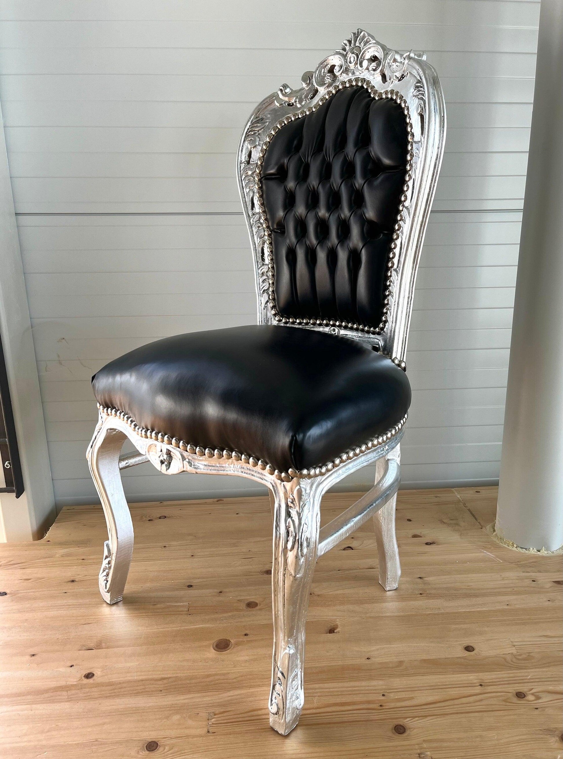 Accent Chair Black Leather Like Silver Finish French Baroque Rococo Style Chair Antique Style Reproduction Dining Chair Black Color for Home