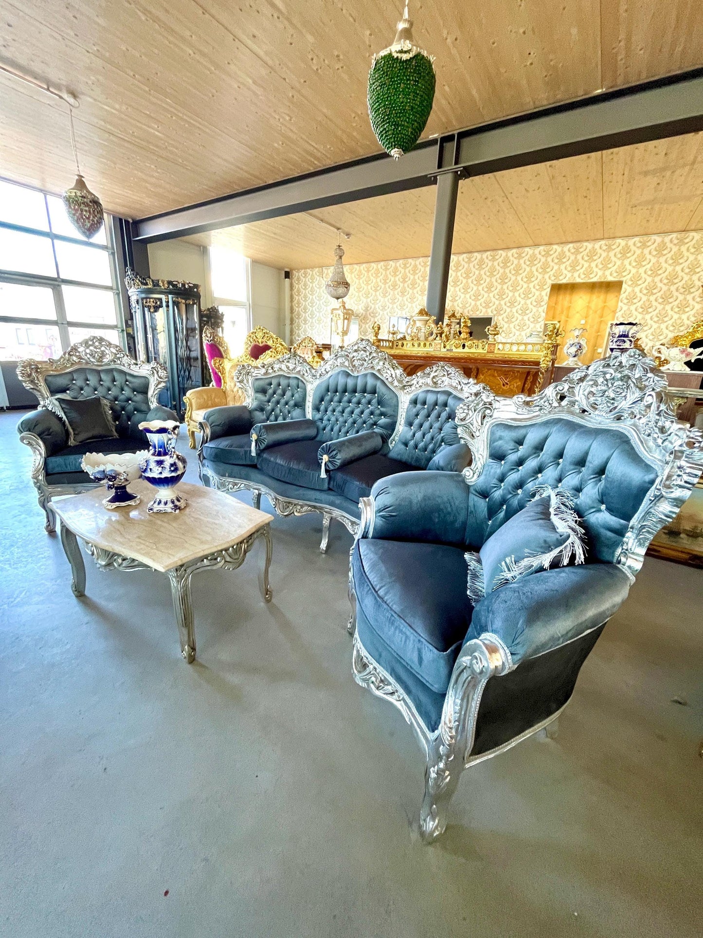 On SALE Sofa Set Retro French Louis Style in Grey Velvet Silver Finish Living Room Baroque Rococo Style for Home Decor