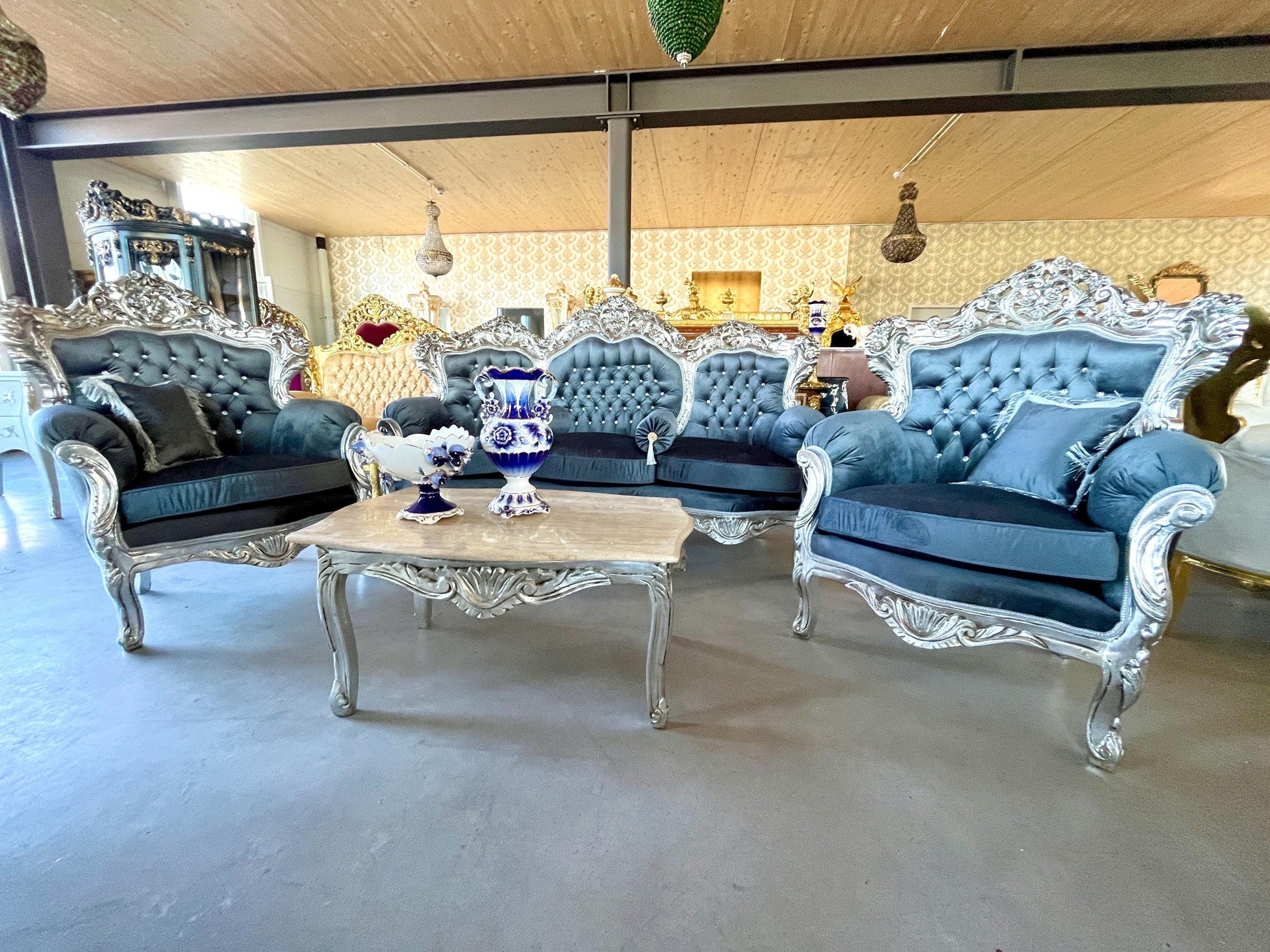 On SALE Sofa Set Retro French Louis Style in Grey Velvet Silver Finish Living Room Baroque Rococo Style for Home Decor