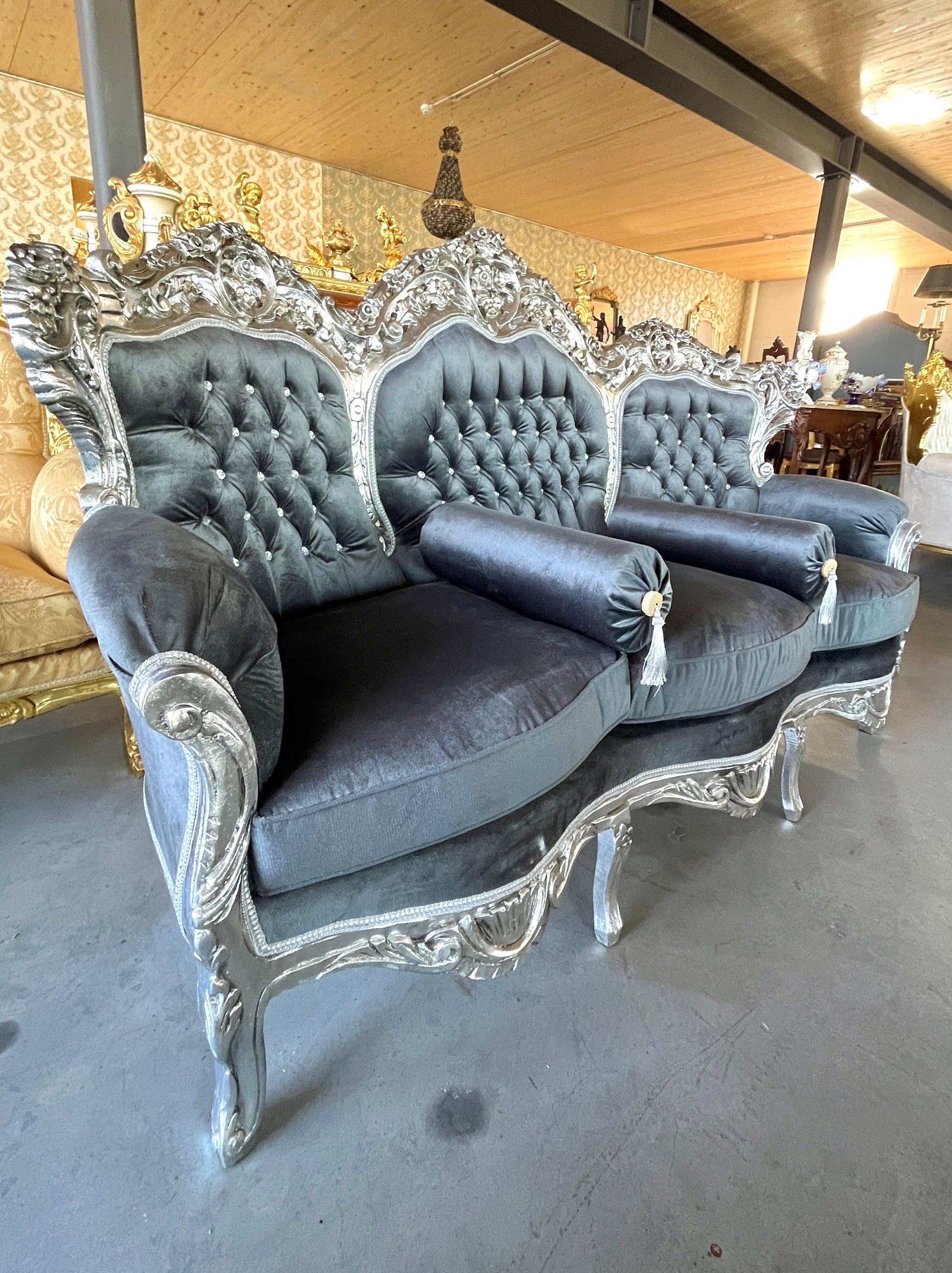 On SALE Sofa Set Retro French Louis Style in Grey Velvet Silver Finish Living Room Baroque Rococo Style for Home Decor