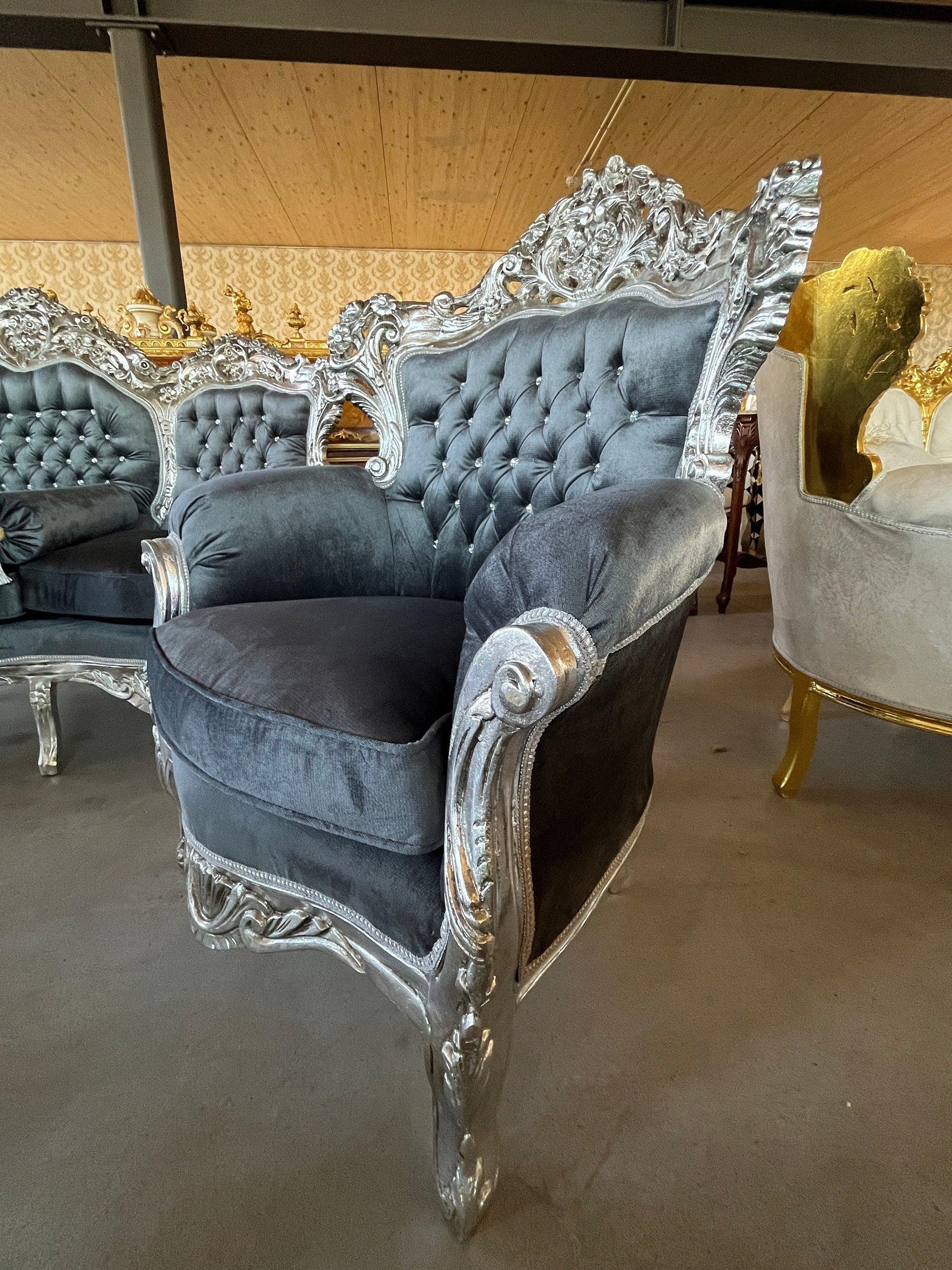On SALE Sofa Set Retro French Louis Style in Grey Velvet Silver Finish Living Room Baroque Rococo Style for Home Decor