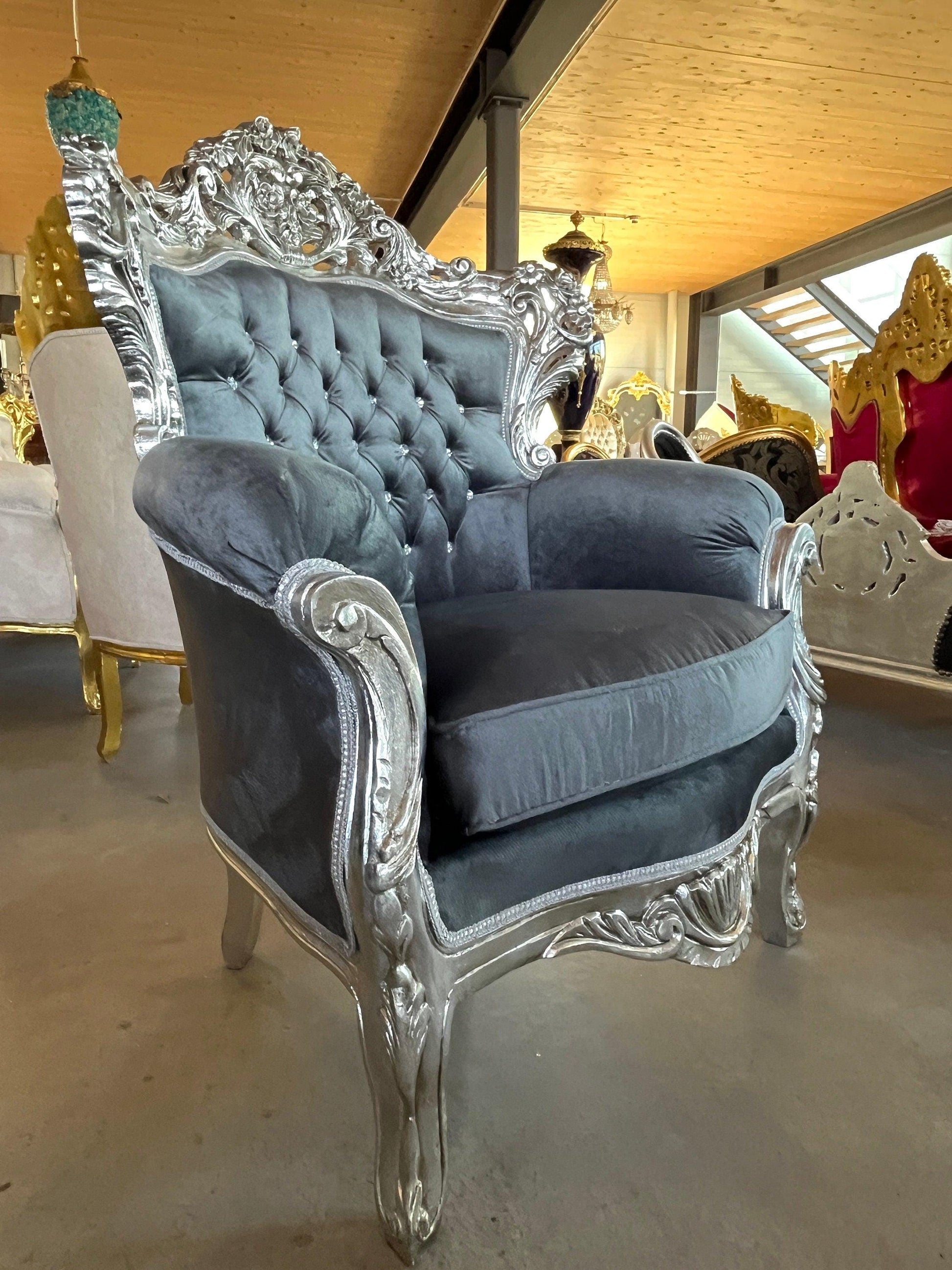 On SALE Sofa Set Retro French Louis Style in Grey Velvet Silver Finish Living Room Baroque Rococo Style for Home Decor