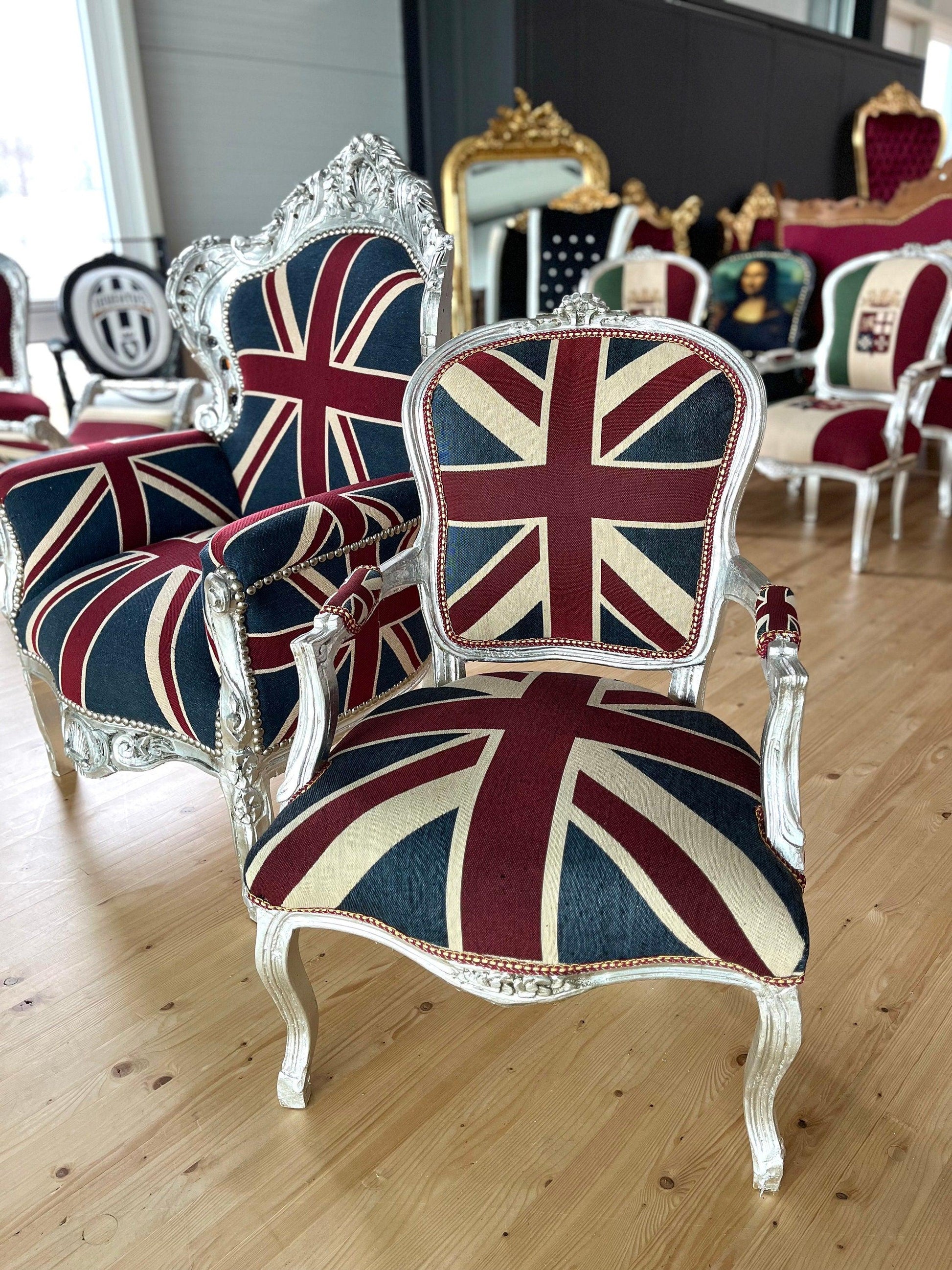 Französischer Sessel im Louis-Barock-Stil / French Baroque Style Armchair in Union Jack Silver Frame