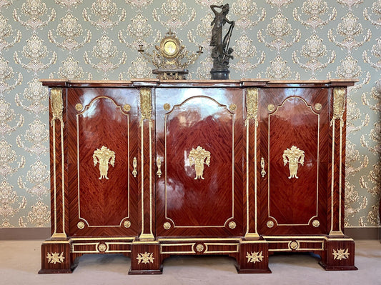 Deluxe Wooden Cabinet Antique Baroque Style with Camel Color Marble Top & Bronze Ornaments Huge Cupboard for Home Decor or Lodge Hotel Decor