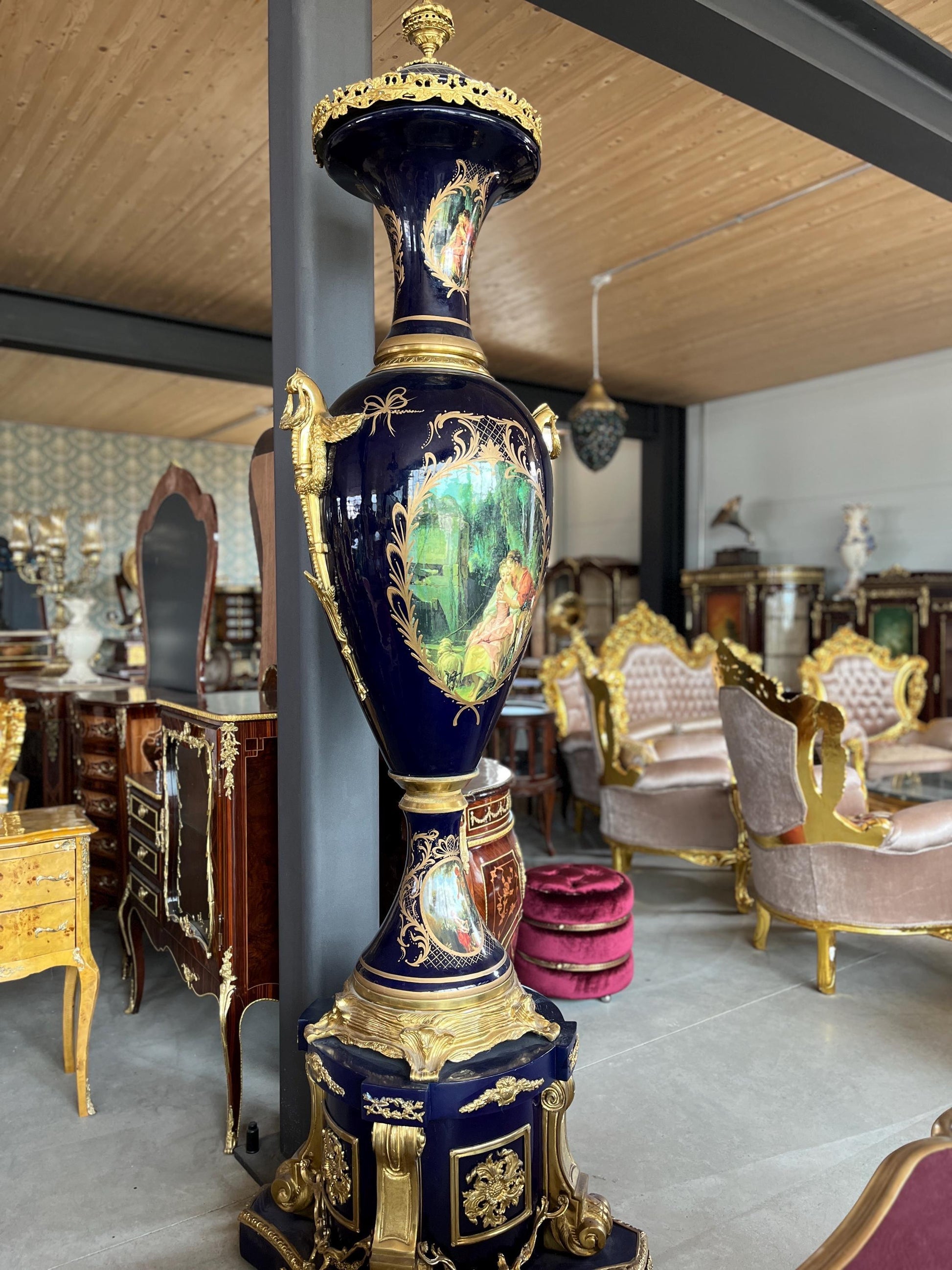 Huge Porcelain Vase Ormolu Mounted Sèvres Style Reproduction Giant Blue Porcelain Vase Stand for Commercial Display for Hotel Decoration