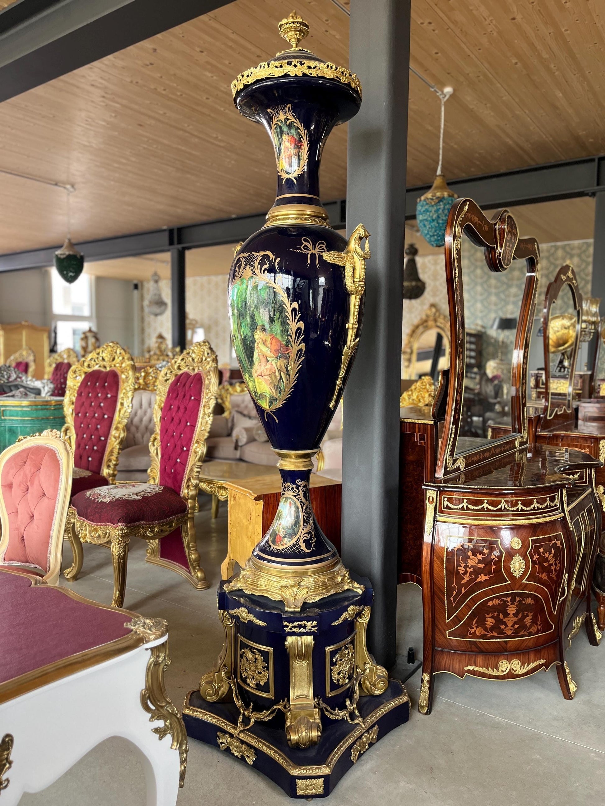 Huge Porcelain Vase Ormolu Mounted Sèvres Style Reproduction Giant Blue Porcelain Vase Stand for Commercial Display for Hotel Decoration