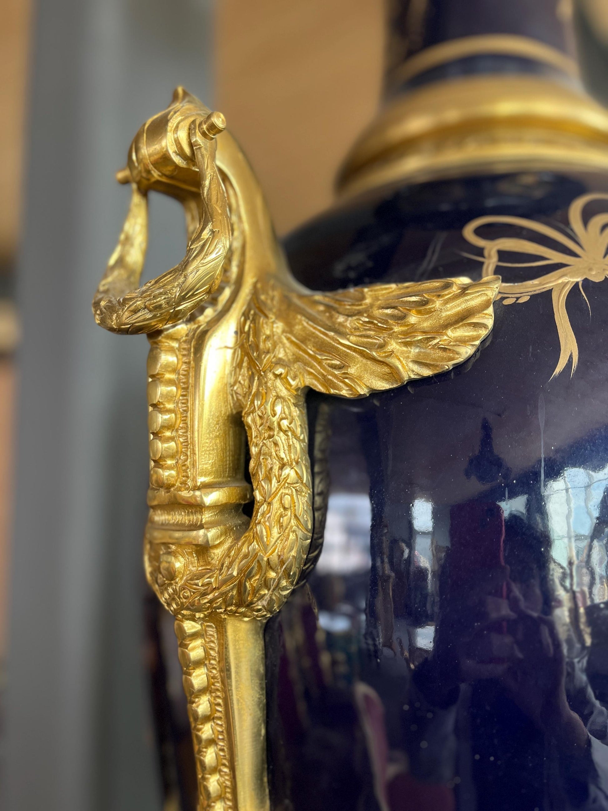 Huge Porcelain Vase Ormolu Mounted Sèvres Style Reproduction Giant Blue Porcelain Vase Stand for Commercial Display for Hotel Decoration
