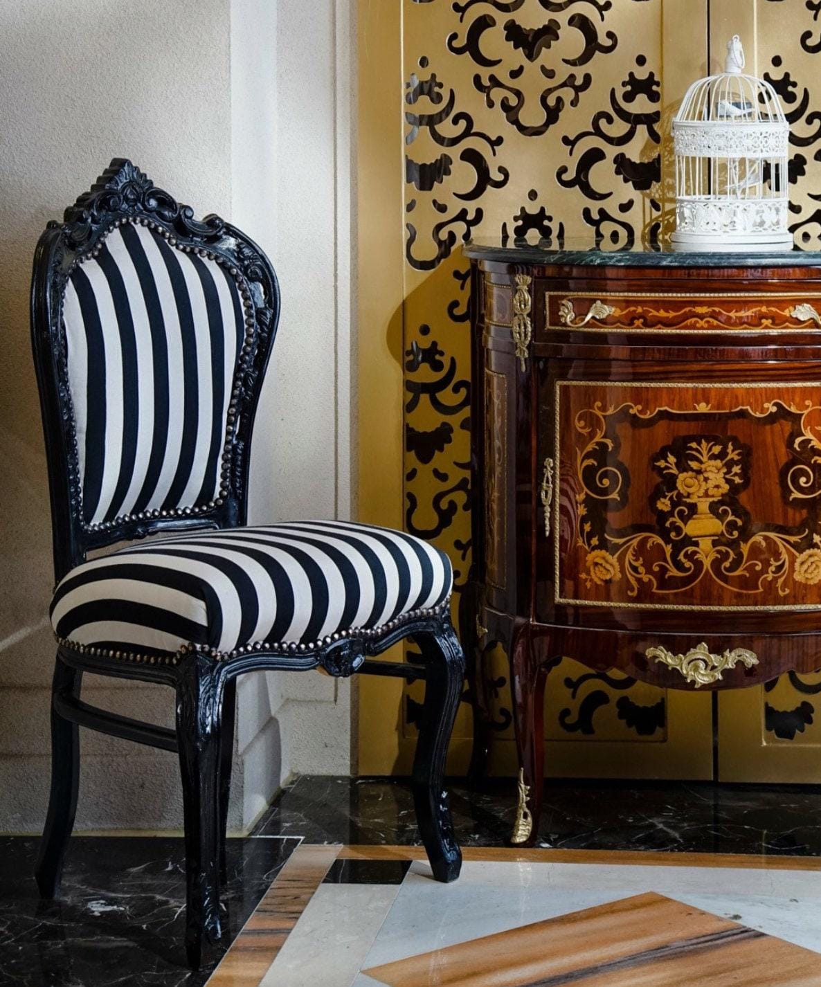 Accent Chair Black Stripe French Louis XV Style Dining Chair Classic Baroque Style