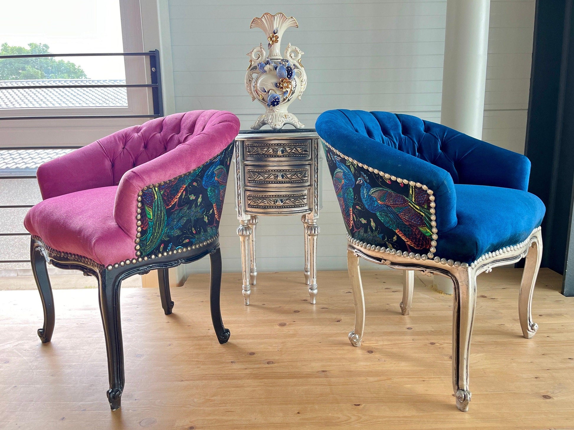Cocktail Chair Tufted Velvet French Baroque Rococo Style in Animal Jungle Print at Back Bar Chair Tufted Velvet Blue Velvet Berry