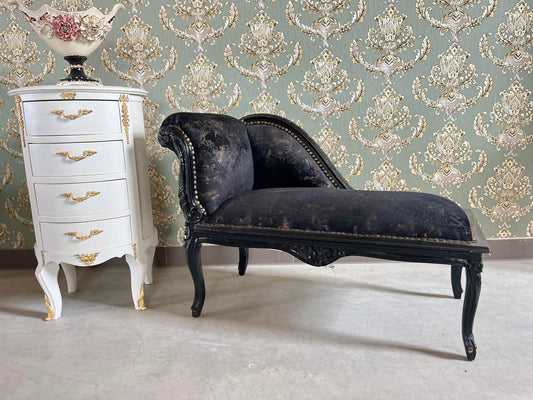 Bench French Louis Style Small Chaise Longue Midnight Black Color Retro Baroque Style Black Velvet Ottoman for Home Decor