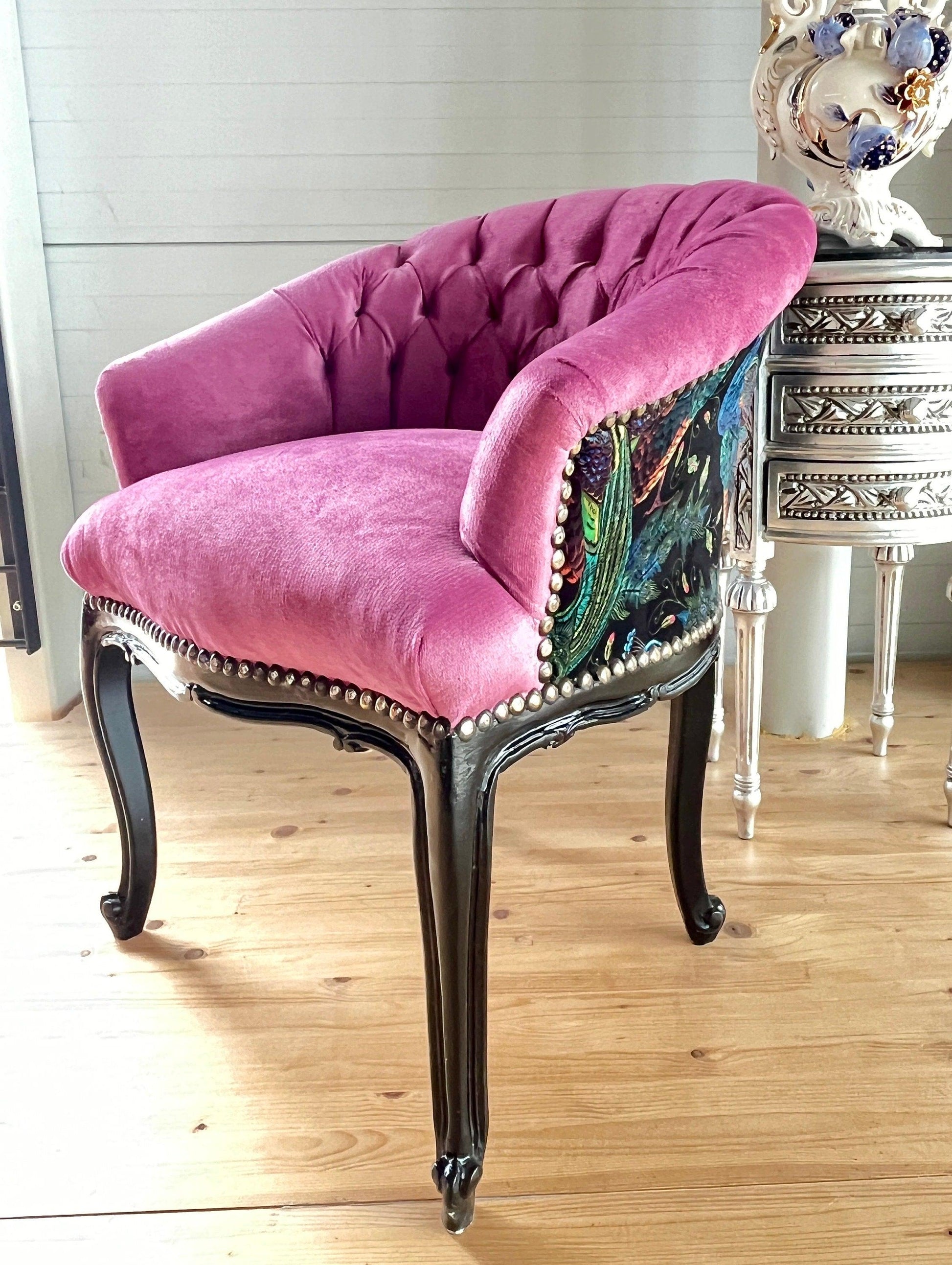 Cocktail Chair Tufted Velvet French Baroque Rococo Style in Animal Jungle Print at Back Bar Chair Tufted Velvet Blue Velvet Berry