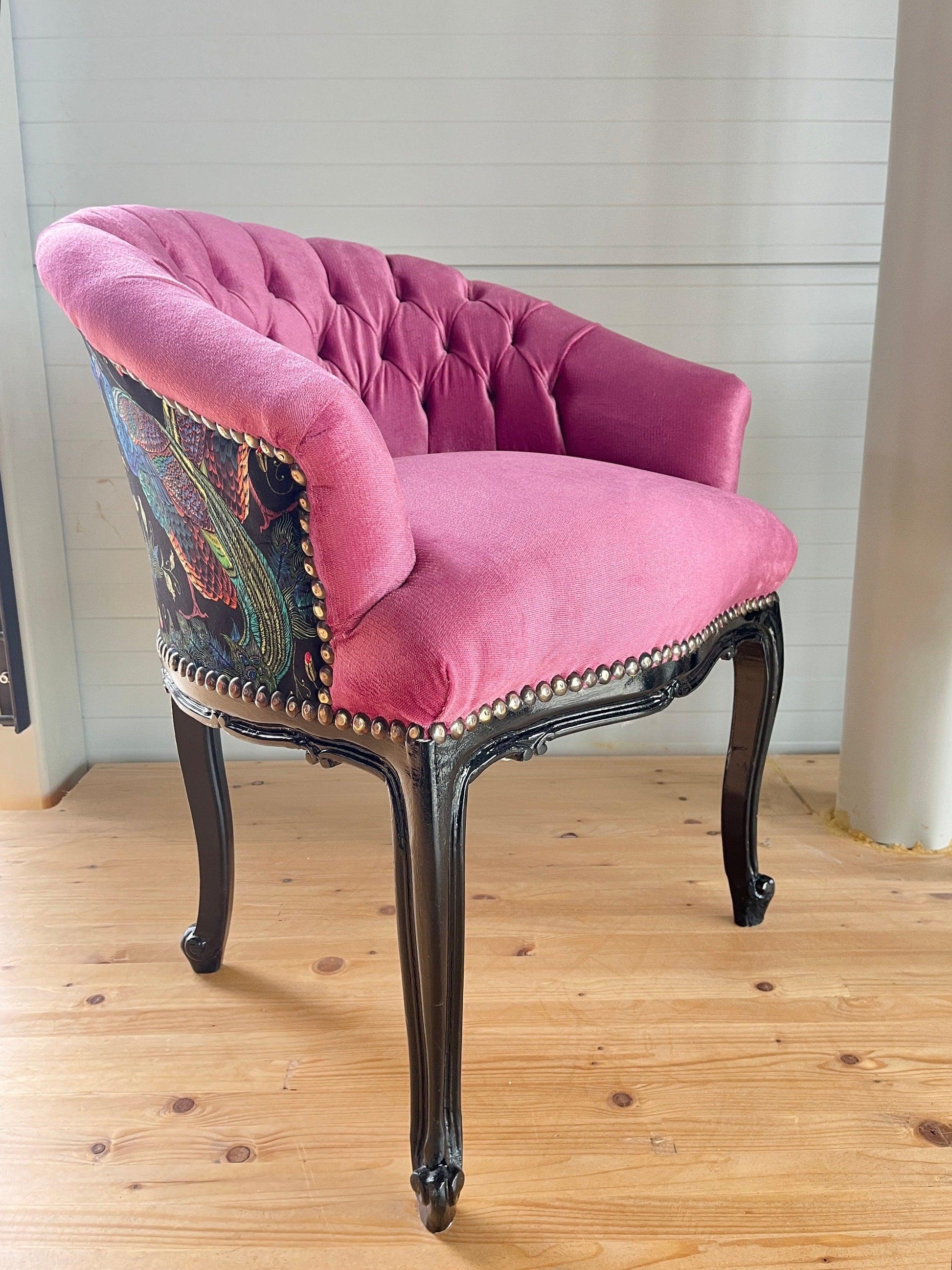 Cocktail Chair Tufted Velvet French Baroque Rococo Style in Animal Jungle Print at Back Bar Chair Tufted Velvet Blue Velvet Berry