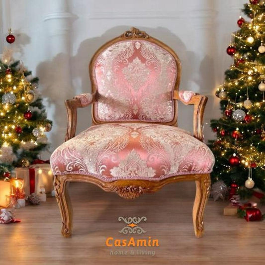 Armchair French Louis Style in Pink Flower Damask Retro Baroque Rococo Style Lounge Chair For Home Decor
