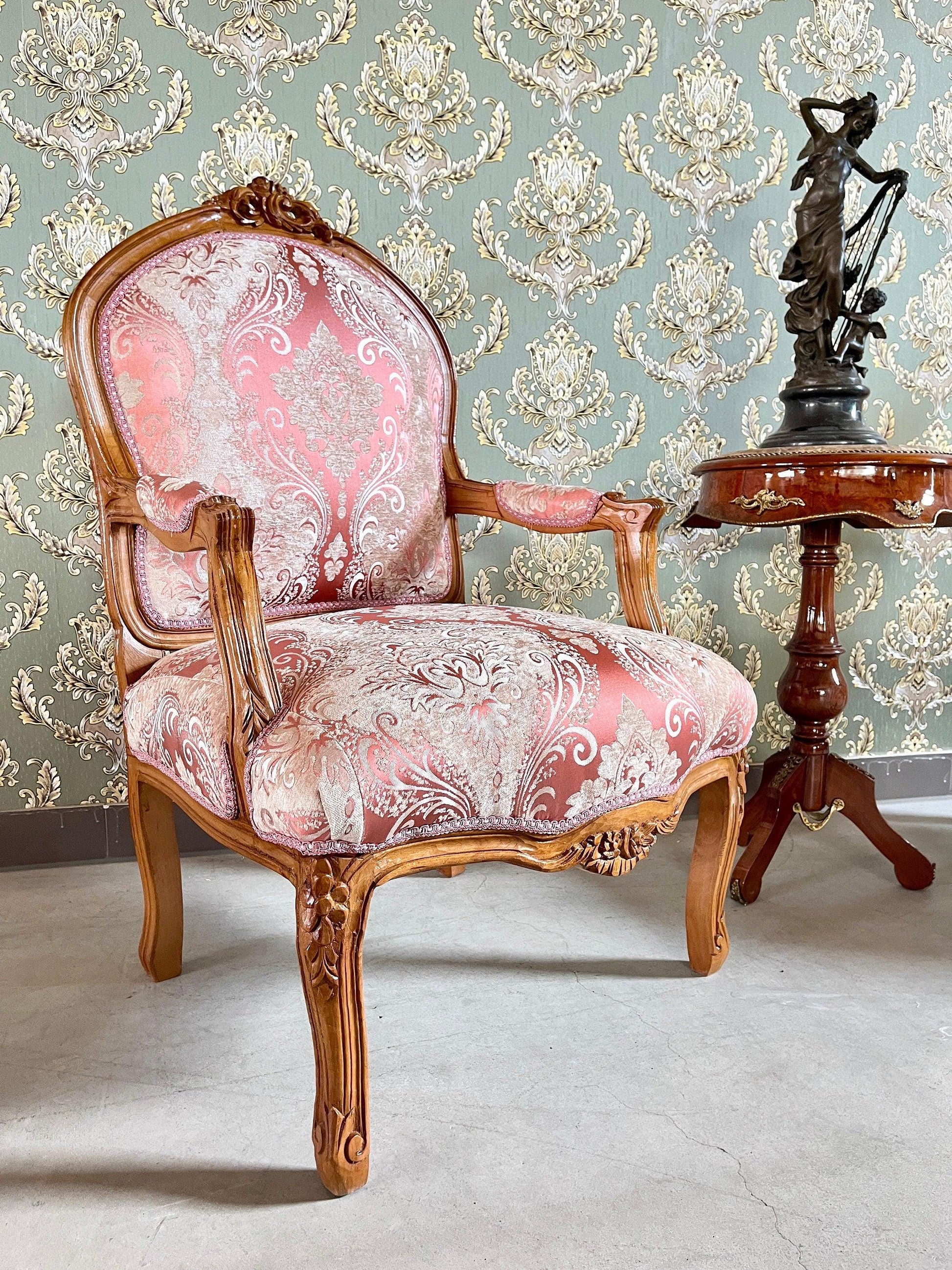 Armchair French Louis Style in Pink Flower Damask Retro Baroque Rococo Style Lounge Chair For Home Decor