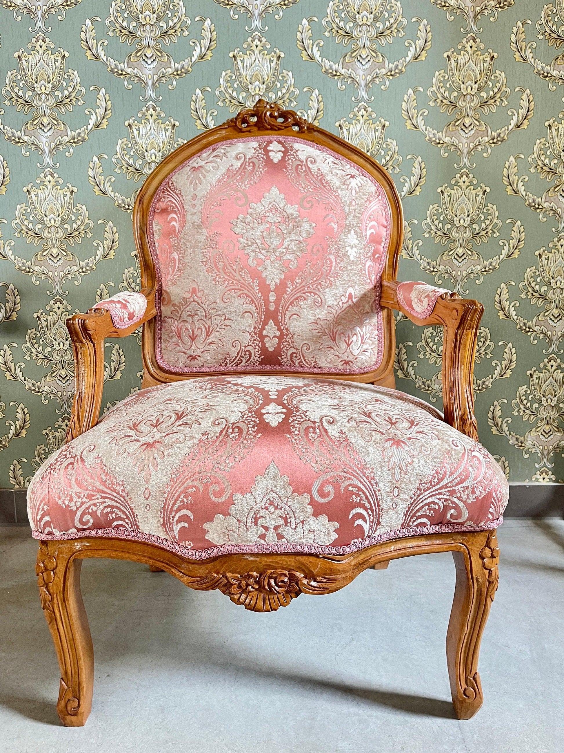 Armchair French Louis Style in Pink Flower Damask Retro Baroque Rococo Style Lounge Chair For Home Decor