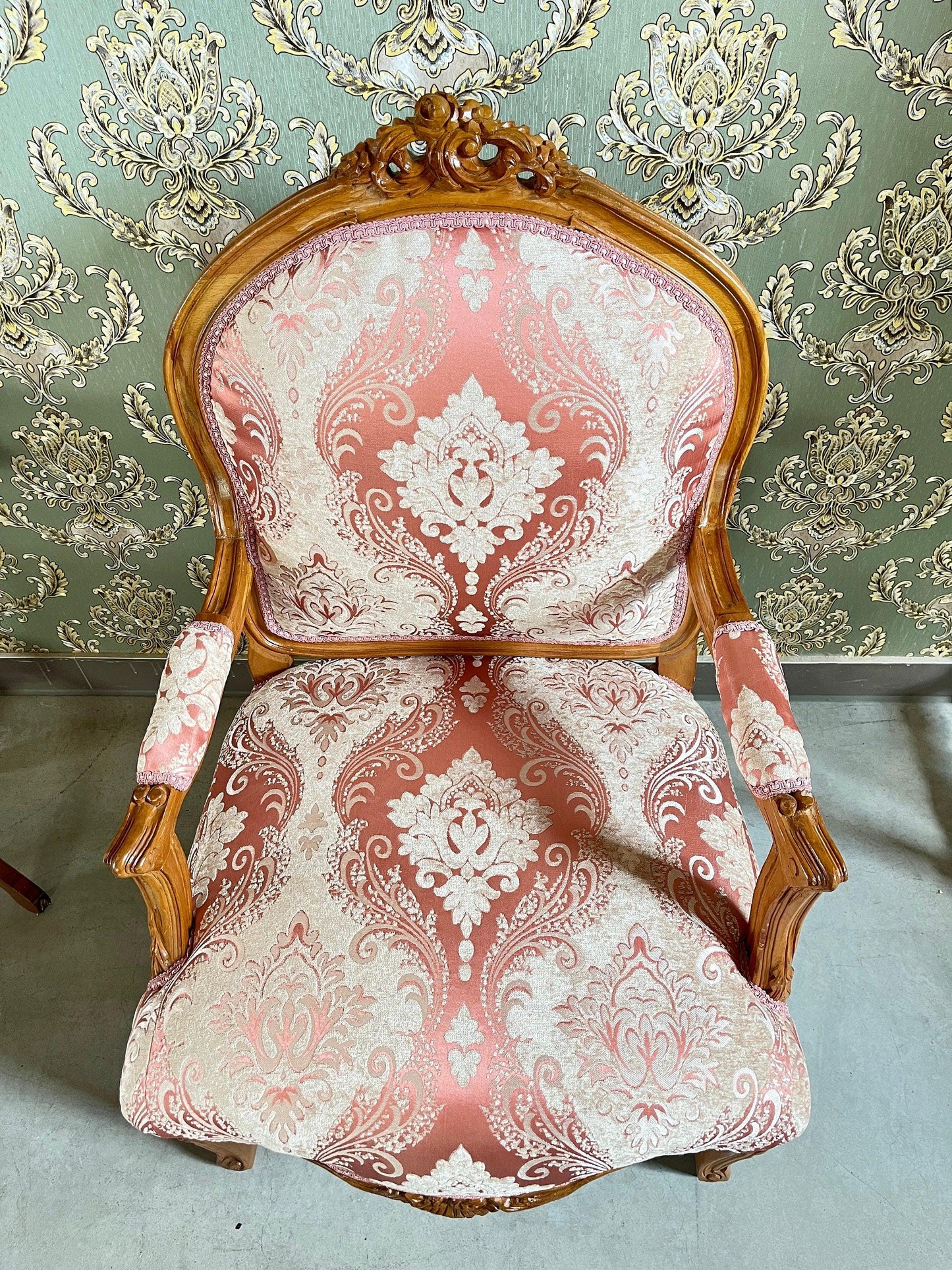 Armchair French Louis Style in Pink Flower Damask Retro Baroque Rococo Style Lounge Chair For Home Decor