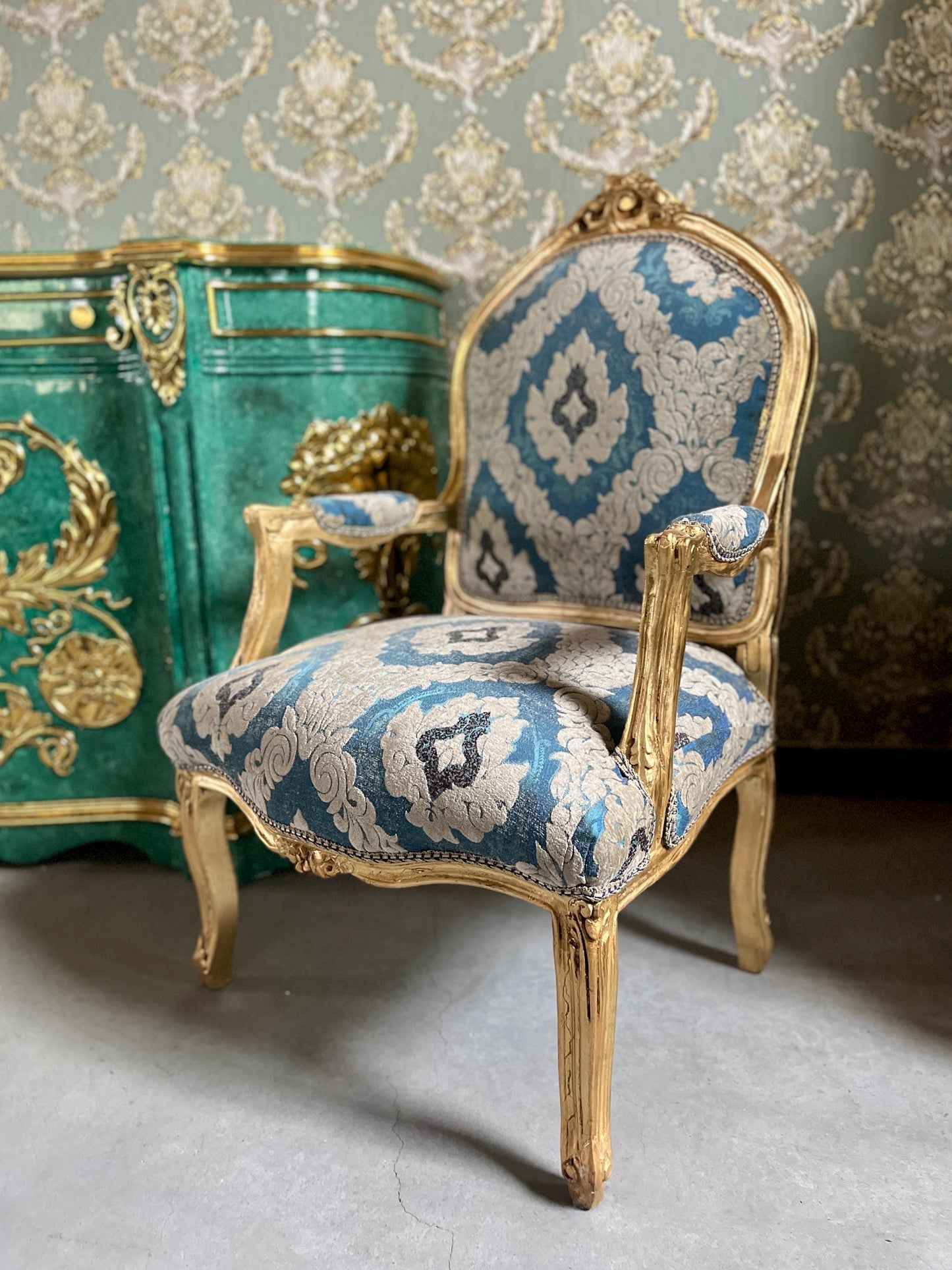 Armchairs French Louis Style in Blue Damask Retro Baroque Rococo Style Armchair Lounge Chair for Home Decor