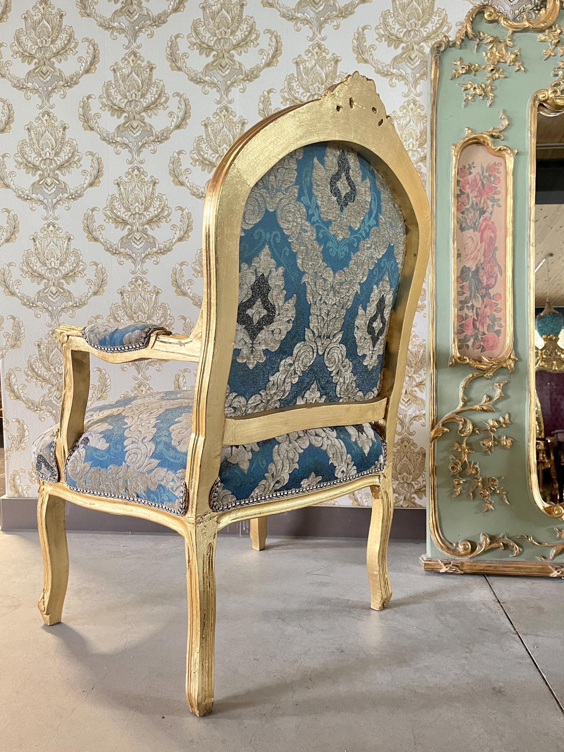 Armchairs French Louis Style in Blue Damask Retro Baroque Rococo Style Armchair Lounge Chair for Home Decor