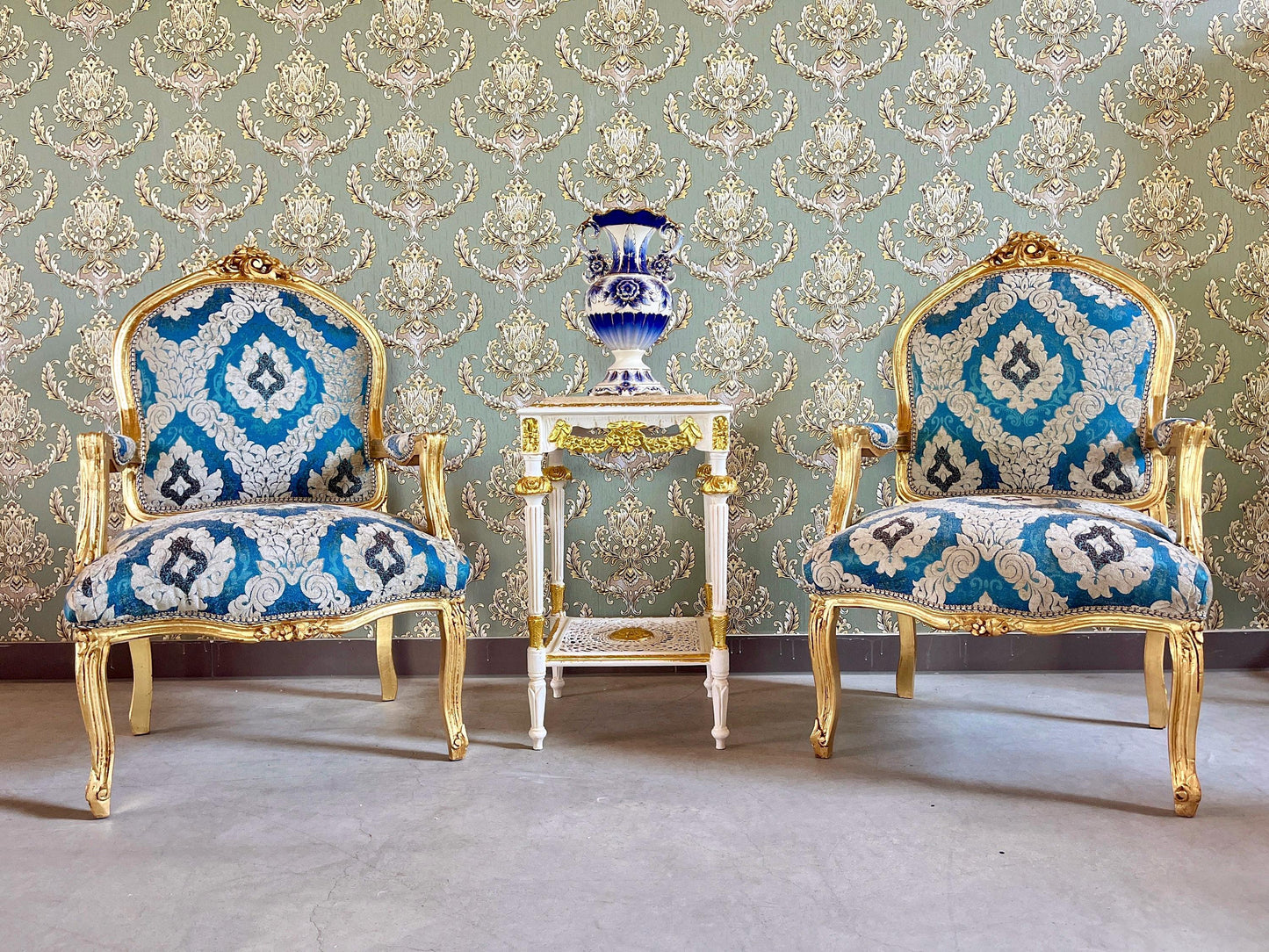 Armchairs French Louis Style in Blue Damask Retro Baroque Rococo Style Armchair Lounge Chair for Home Decor