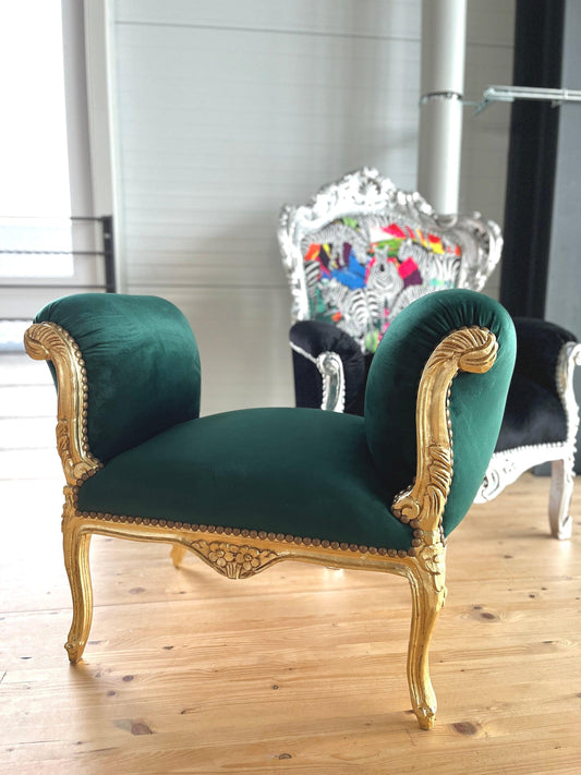 Ottoman French Louis XV Baroque Style Foot Stool Green Velvet in Gold Finish Frame for Home Decor