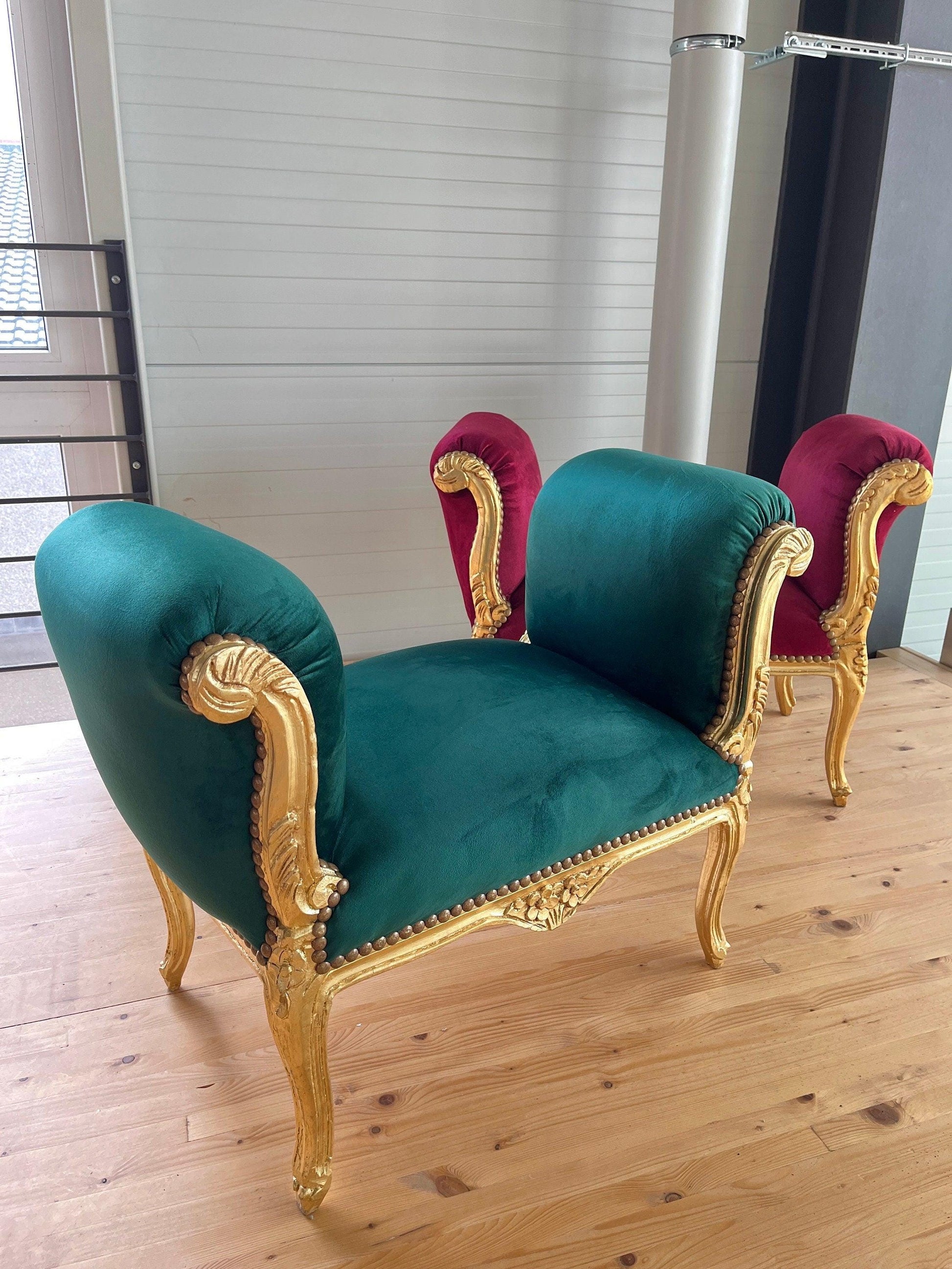 Ottoman French Louis XV Baroque Style Foot Stool Green Velvet in Gold Finish Frame for Home Decor