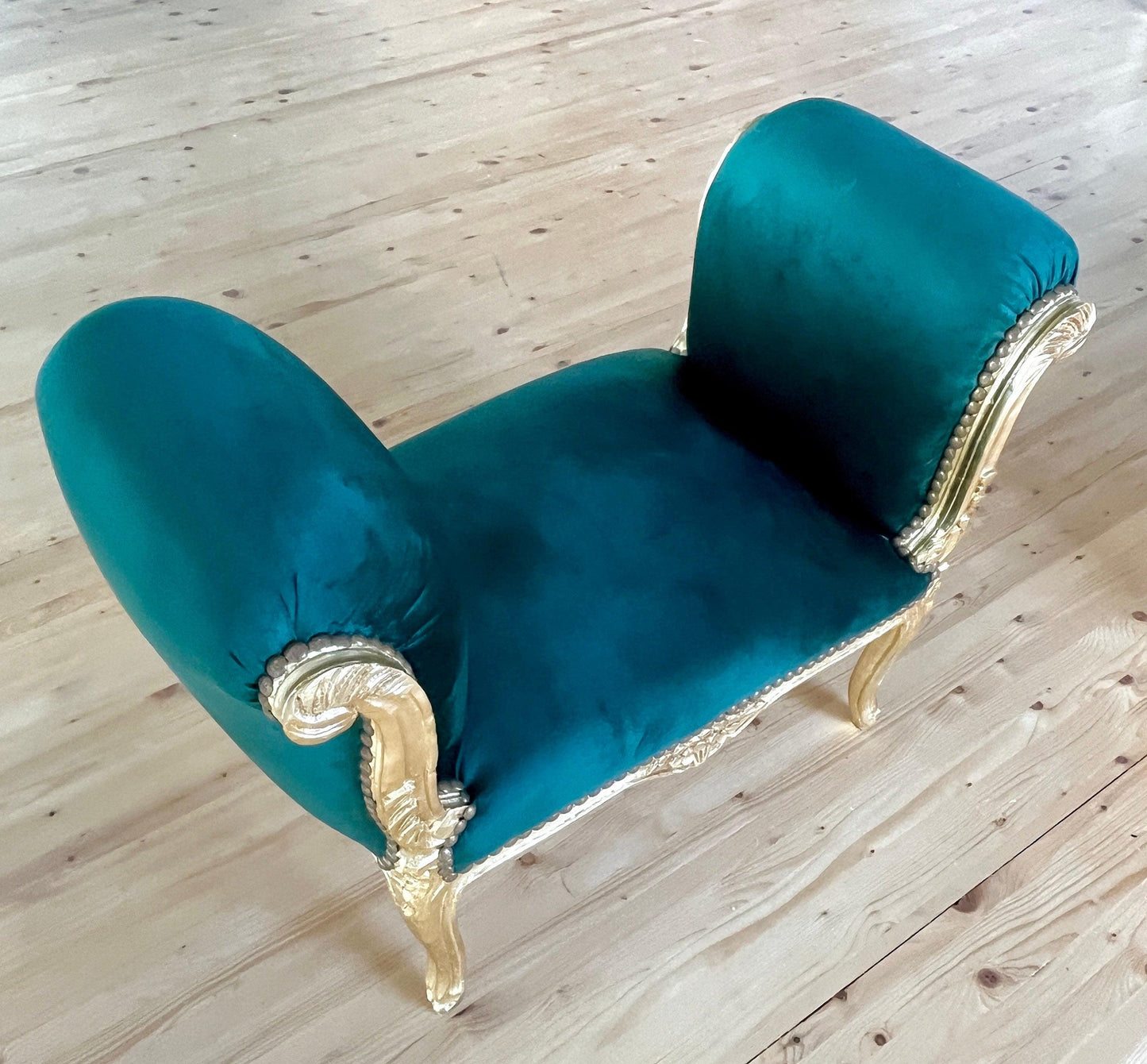 Ottoman French Louis XV Baroque Style Foot Stool Green Velvet in Gold Finish Frame for Home Decor
