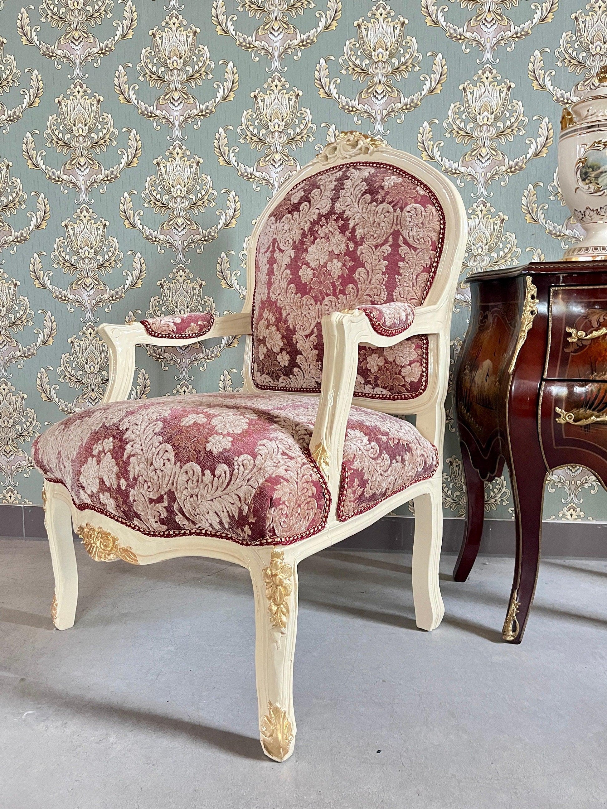 Armchair French Louis Style Chair Floral Pattern Red Velvet Antique Baroque Style Armchair For Lounge Room Home Decor
