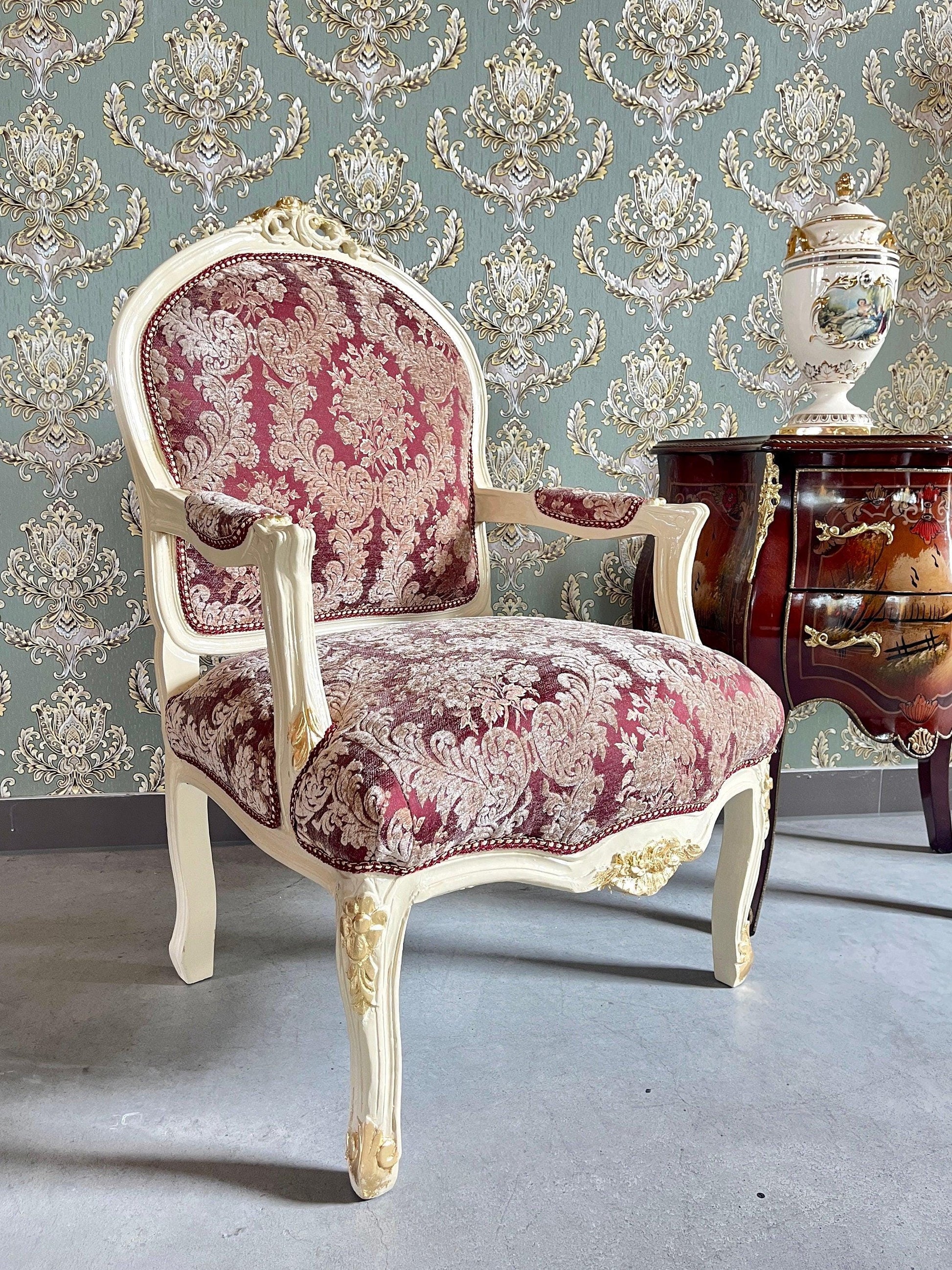 Armchair French Louis Style Chair Floral Pattern Red Velvet Antique Baroque Style Armchair For Lounge Room Home Decor