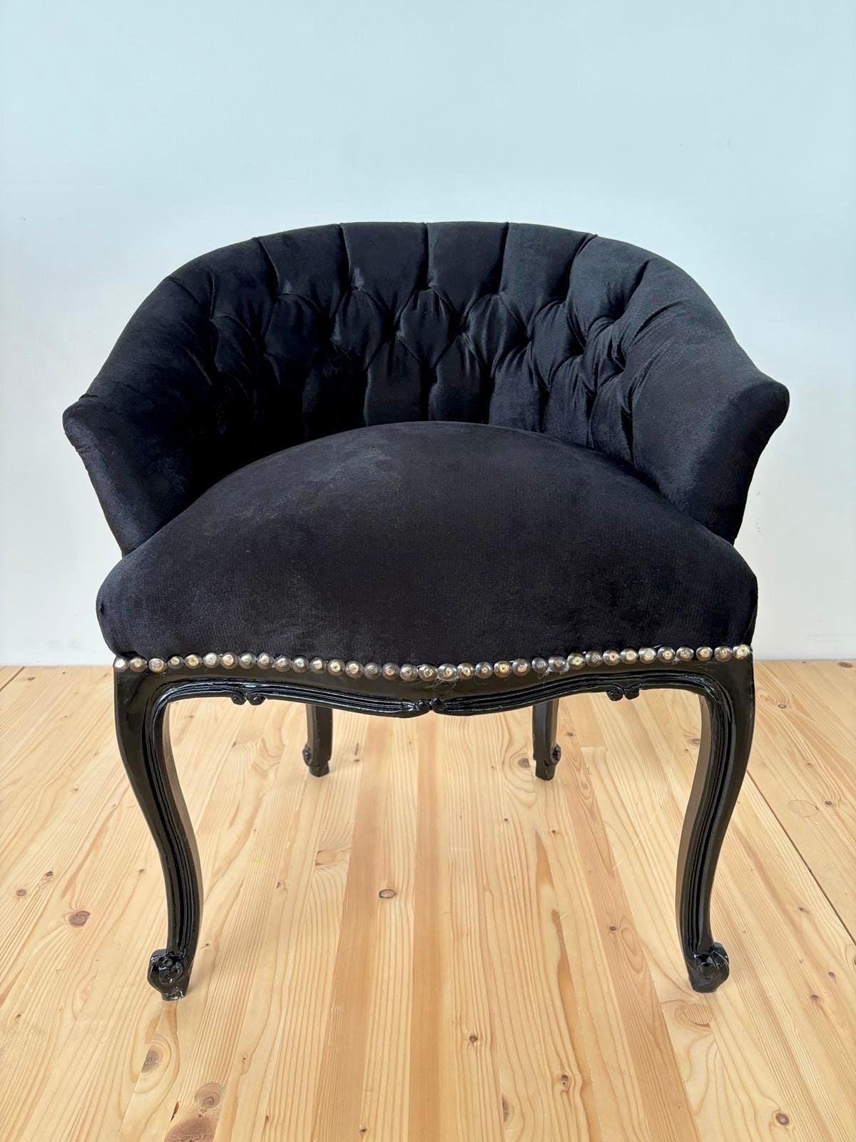 Cocktail Chair Tufted Velvet Black French Baroque Rococo Style in Jungle Zebra Print at Back Lounge Bar Chair in Tufted Velvet Black